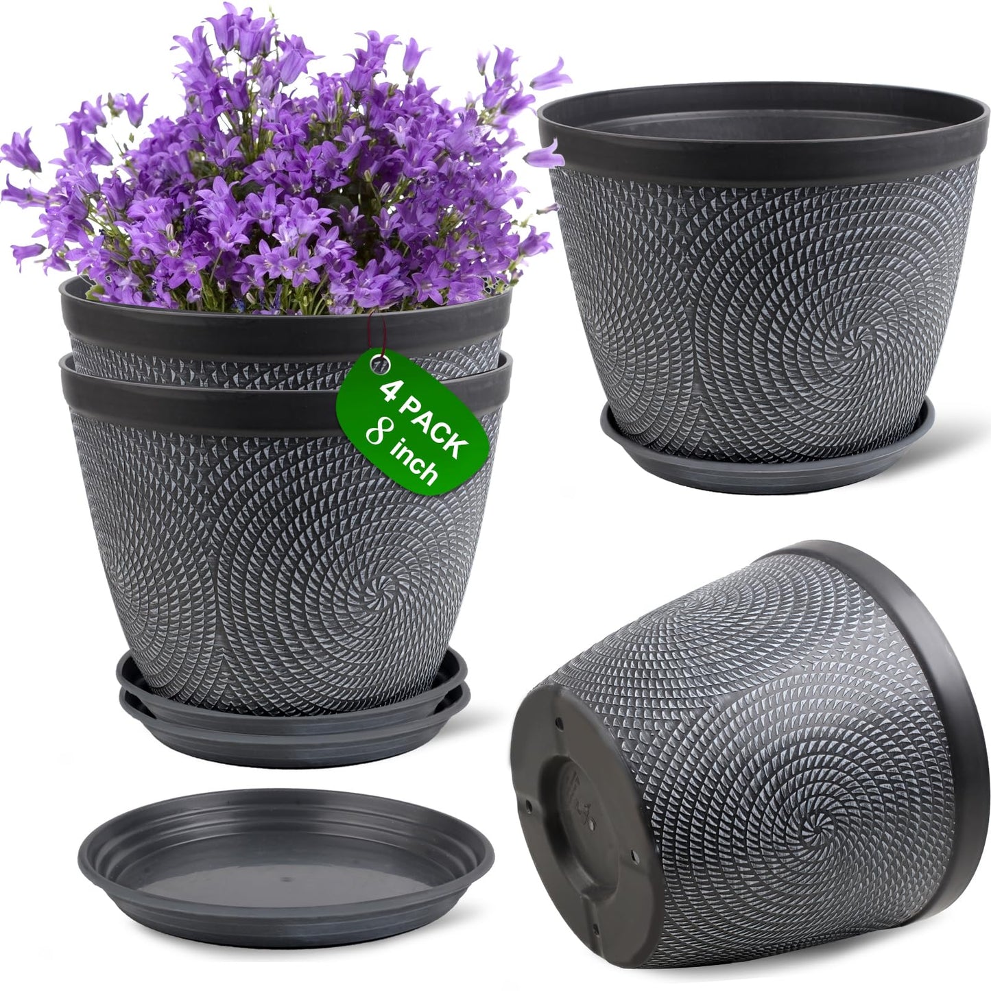 Quarut 4 Pack 8 Inch Flower Pots Planters for Outdoor Indoor, Plastic Plant Pots with Drainage Hole & Tray, Modern Decorative Garden Pot with Saucer, planters for House (Gray)