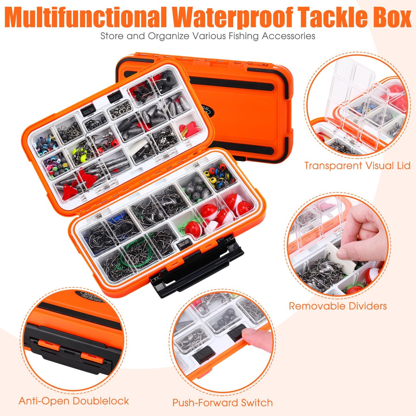 RoundFunny 602 Pcs Fishing Tackle Accessories Kit, Organized Fishing Tackles Box with Tackle Included, Fish Hooks, Weights Sinkers, Swivels, Beads Gear and Equipment Set, Fishings Gift for Men