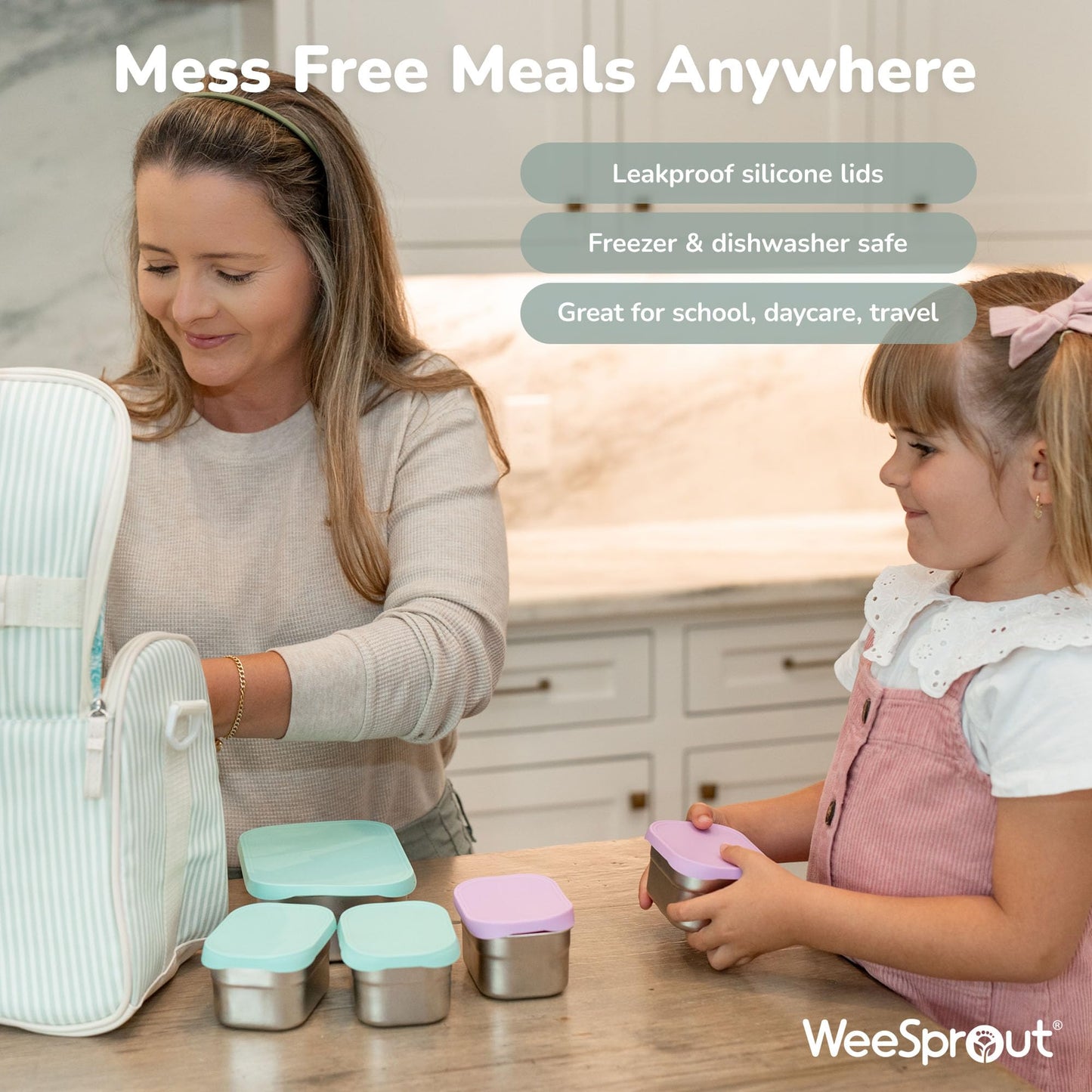 WeeSprout Stainless Steel Lunch Box Set - 750mL & 230mL Food Storage Nested Bento Boxes with Food Grade Silicone Lid - Leak Proof - Freezer Safe (Matte Green)