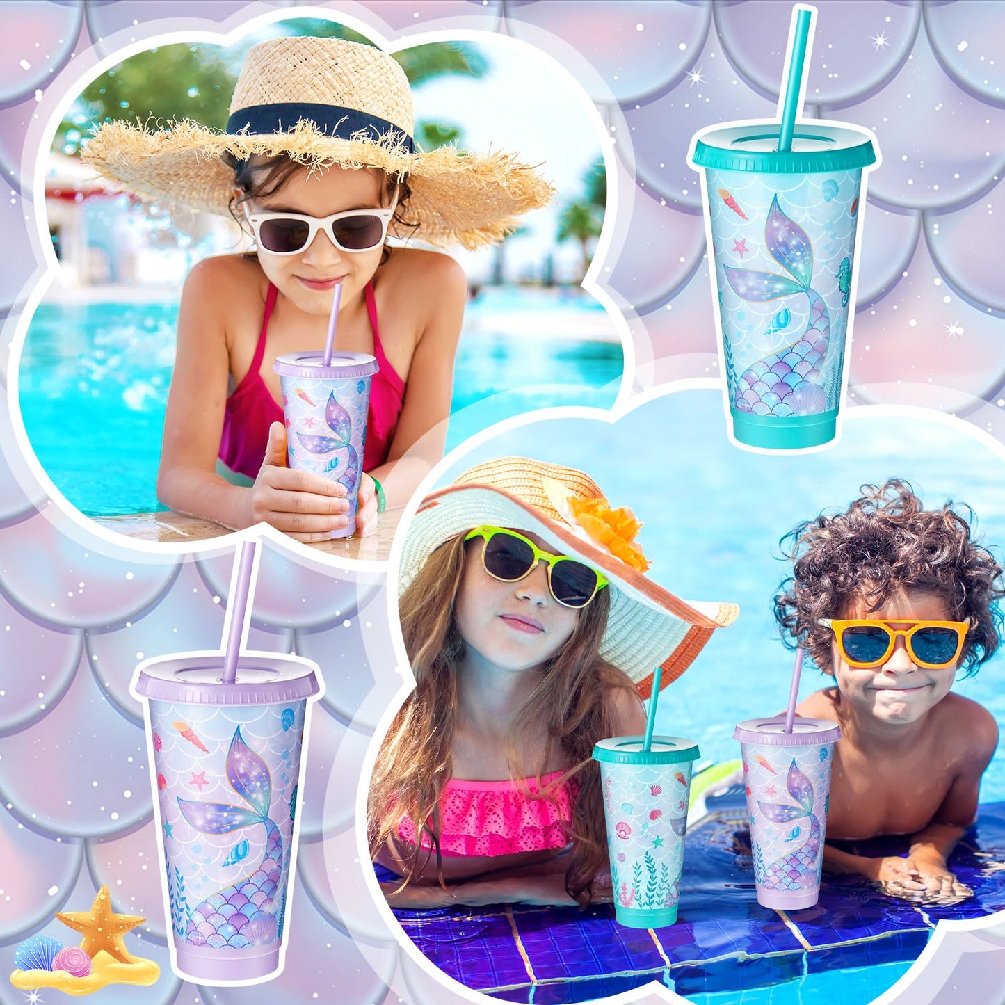 Uiifan 24 Pcs Mermaid Party Cups with Lid and Straw 24oz Mermaid Birthday Decorations Tail Shell Starfish Reusable Cup for Birthday Baby Shower Ocean Party Supplies
