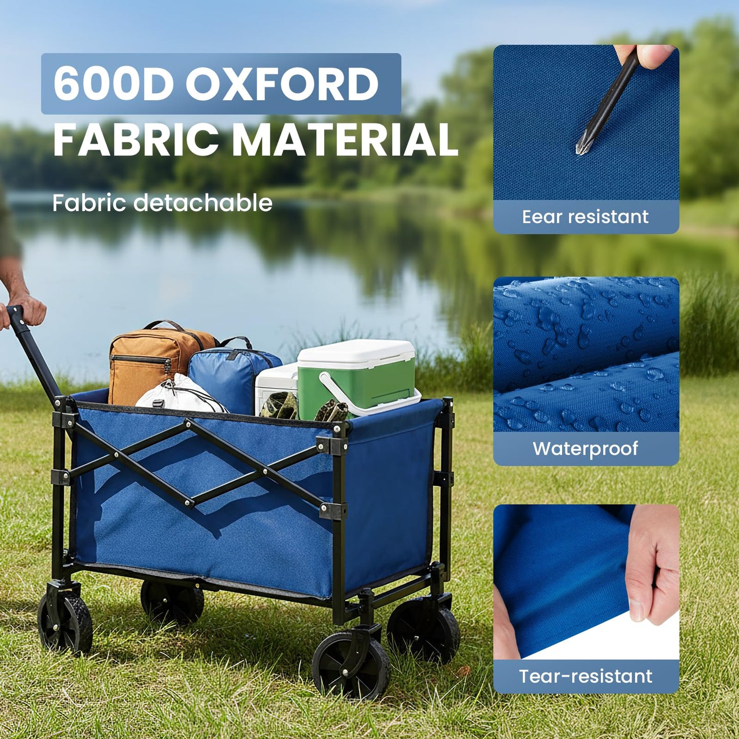 DUMOS Collapsible Wagon with Wheels, 176 lbs Wagons Carts Foldable Wagon Cart with Flexible Handle, Lightweight Portable Folding Utility Grocery Shopping Cart for Grocery Sports Garden Camping - Blue