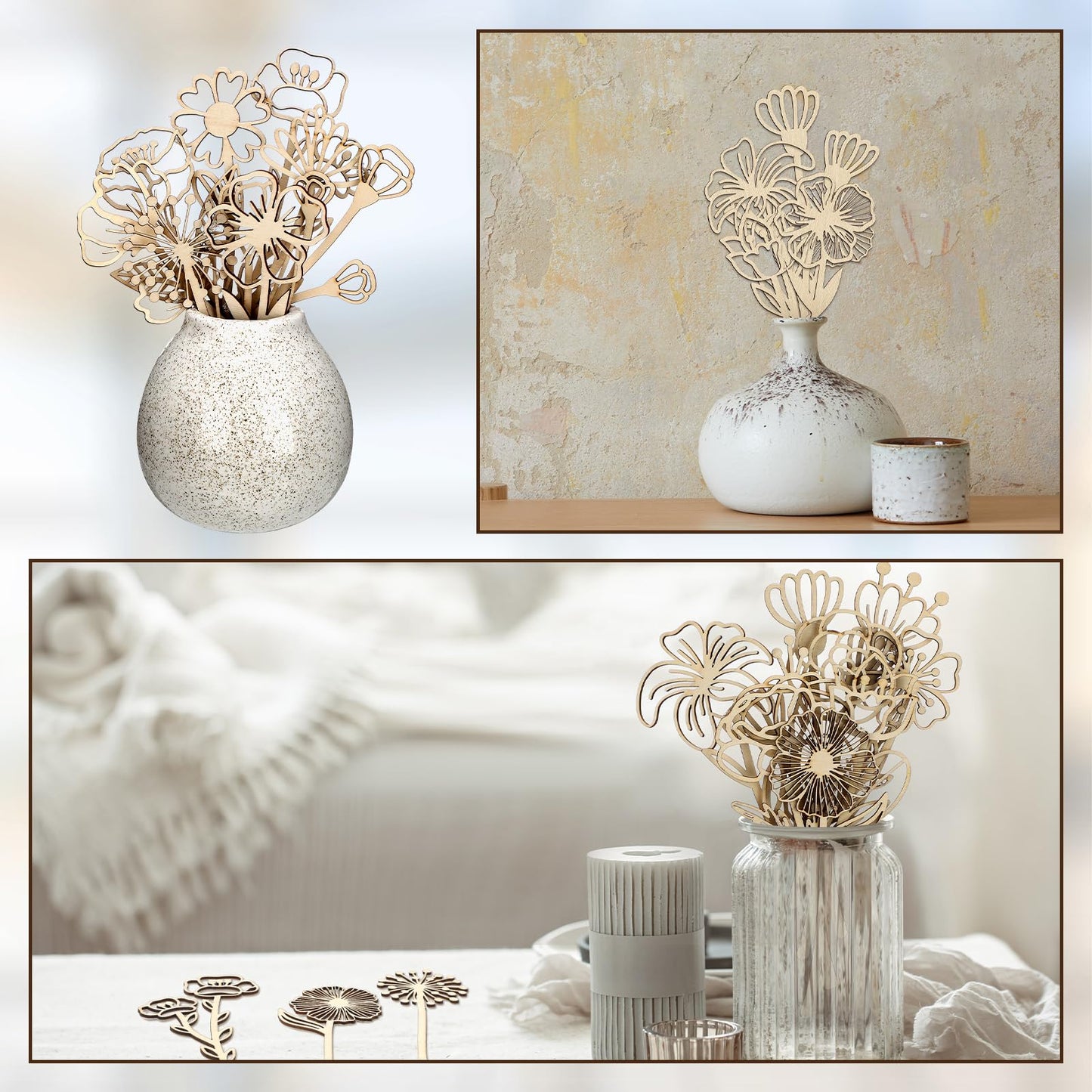 RattanView 36 Pcs Wooden Wildflower Decor Set Wood Flowers Cutout Signs Wildflowers Stems Laser Cut Flowers for Home Birthday Holiday Art DIY Decoration