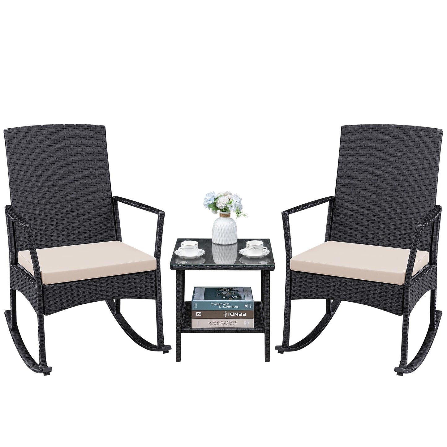 Greesum 3 Pieces Patio Furniture Set Outdoor Wicker Rocking Chairs with Glass Coffee Table for Garden Backyard Porch Poolside, Beige