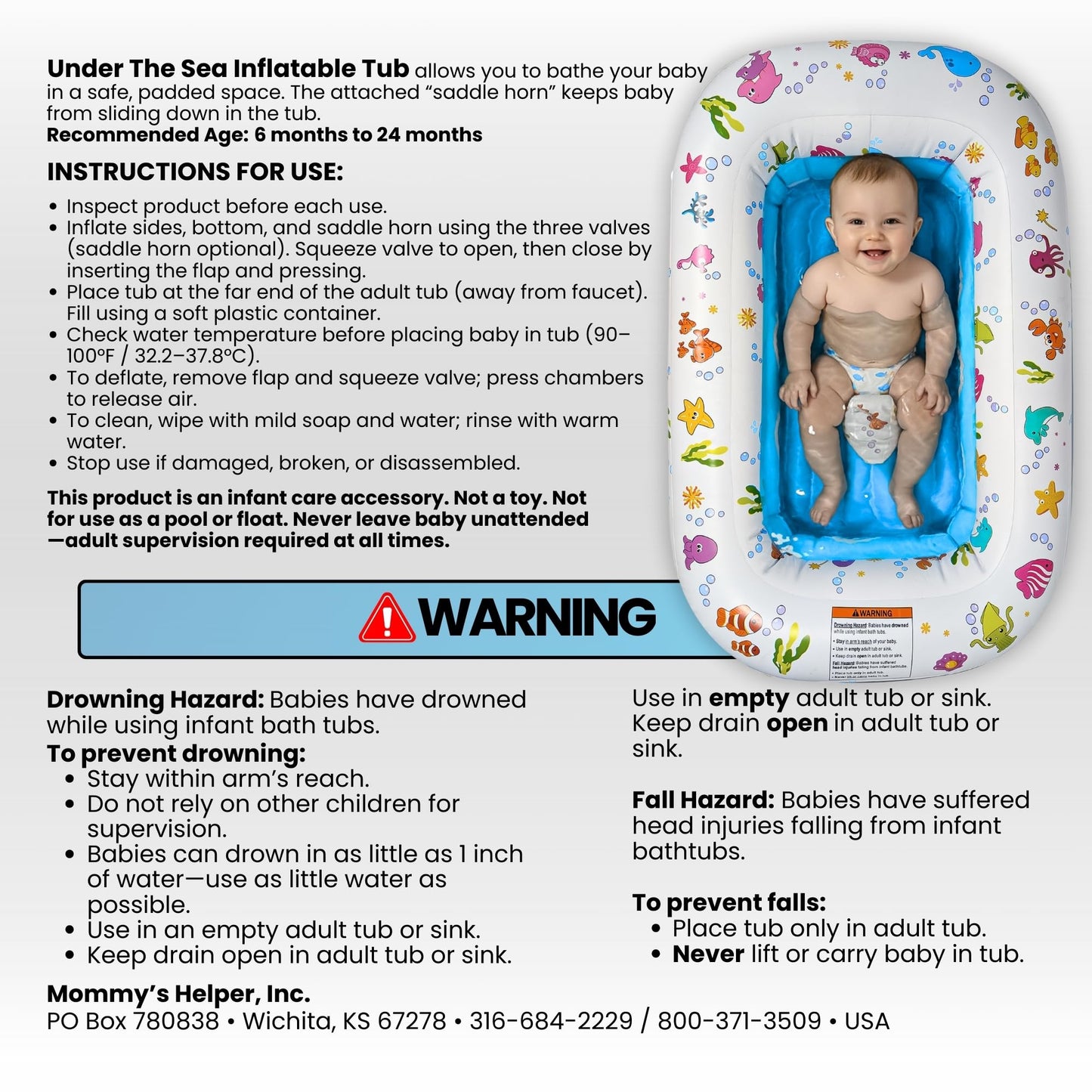 Mommy's Helper | Inflatable Under The Sea Baby Bathtub, Collapsible Safe Baby Bath Tub with Anti-Sliding Saddle Horn Seat, Must Have Travel Toddler Bath, Portable Bathtub Recommended Months 3 to 18