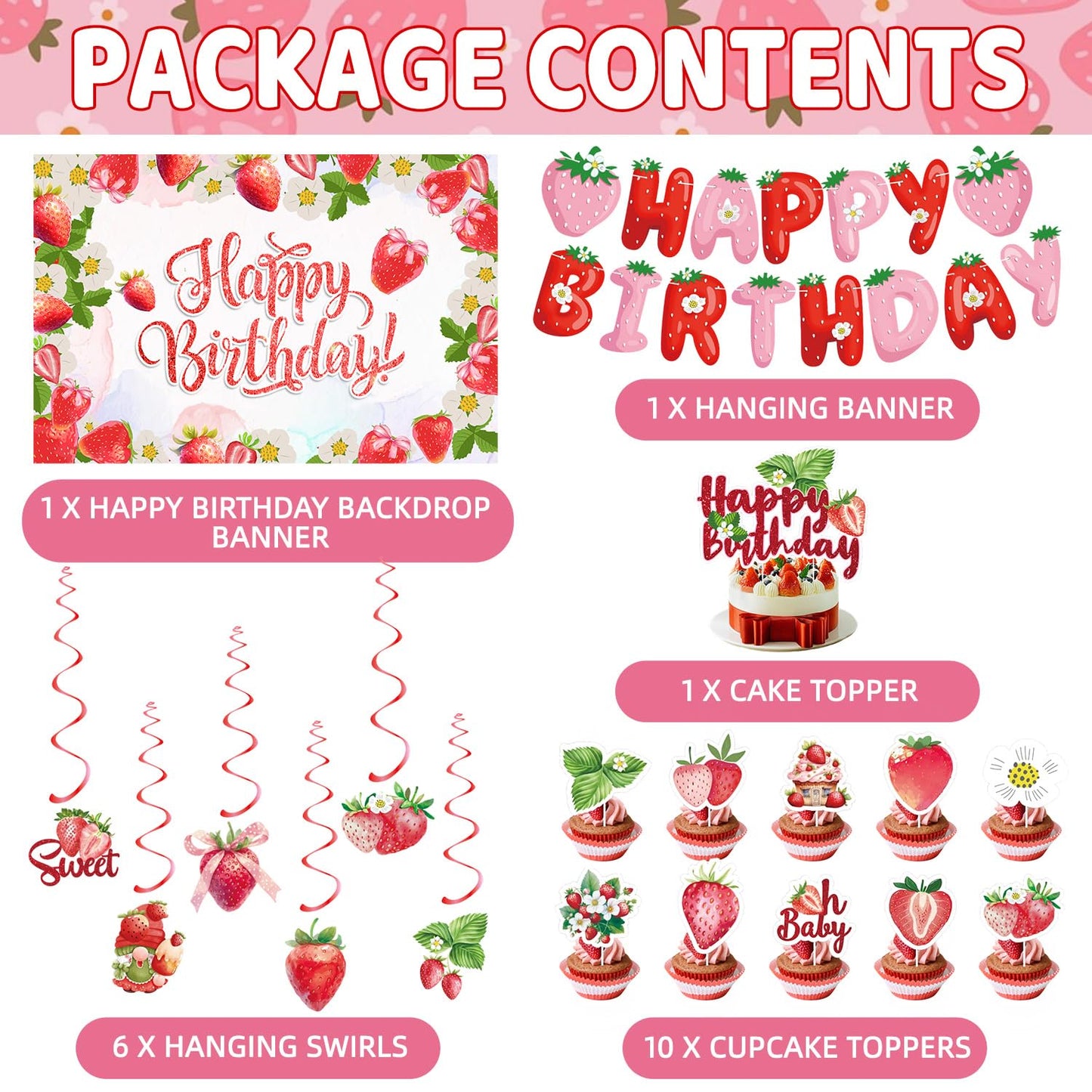 Strawberry Birthday Party Decorations Set - Cute Backdrop Banner, Hanging Banners, Swirls Streamers,Cake & Cupcake Toppers, Sweet Theme Party Supplies Kit for Girls, Kids, Baby Shower