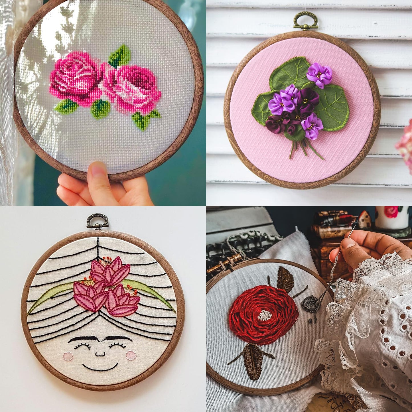 PATIKIL 7inch Embroidery Hoop, 4pcs Cross Stitch Hoop Rubber Imitated Wood Circle Frame Ring for Embroidery Art Craft Sewing Ornaments Hanging Decoration