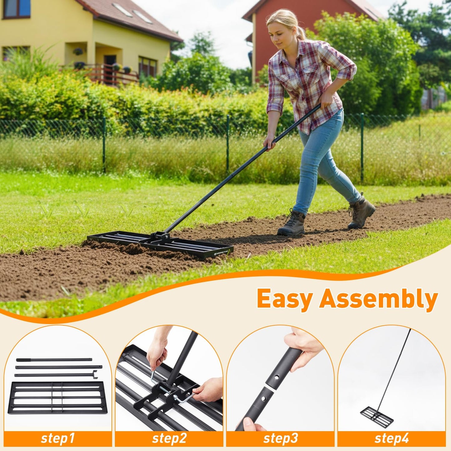 G GREENLY-AG 30" Heavy Duty Lawn Leveling Rake, 6.5FT Soil Leveler Tool, with 4 Spiked Wheels & Smooth Roller, Landscaping and Restoration Soil Sand Dirt Surfaces, for Garden Yard Farm Golf Course