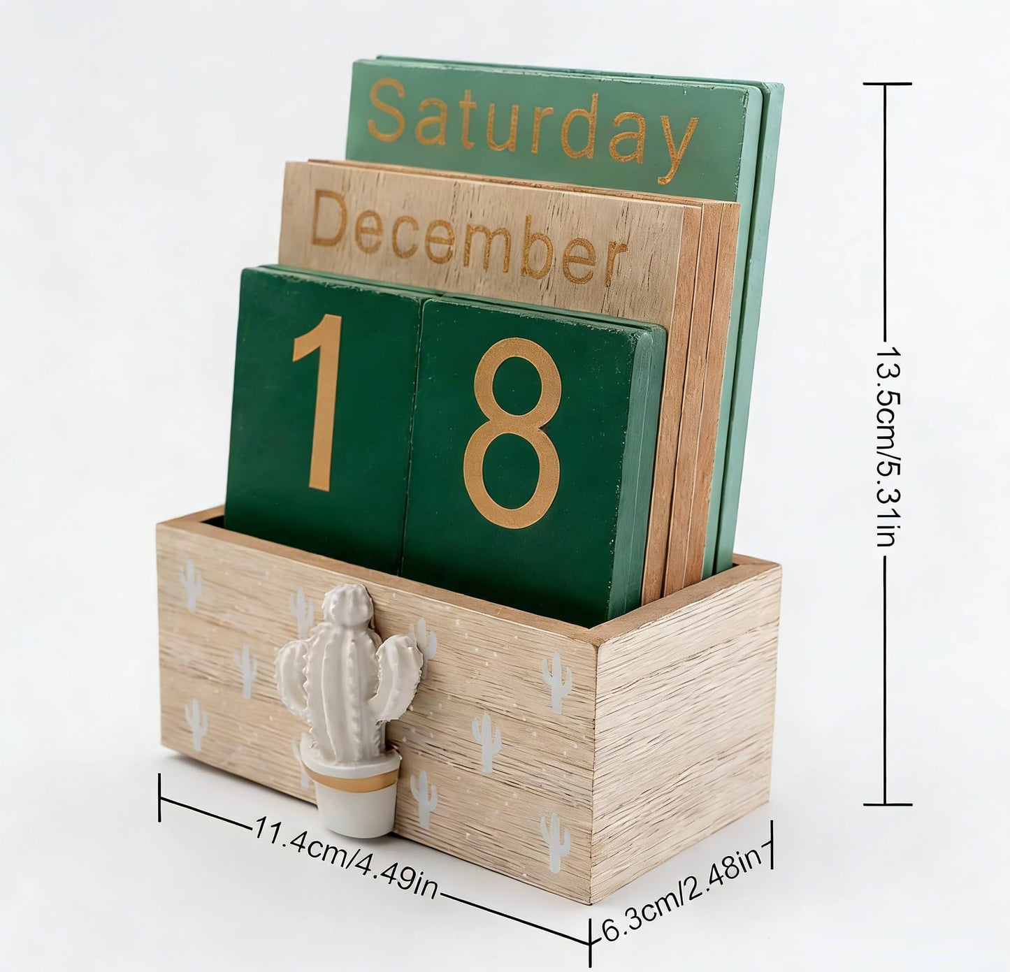 ZENSEWEN Cactus Wooden Perpetual Calendar for Desk Decor - Aesthetic Boho Office Accessories & Wood Block Daily Calendar - Reusable Classroom Decor & Unique Plant Lover Gift for Teachers, Students & Coworkers