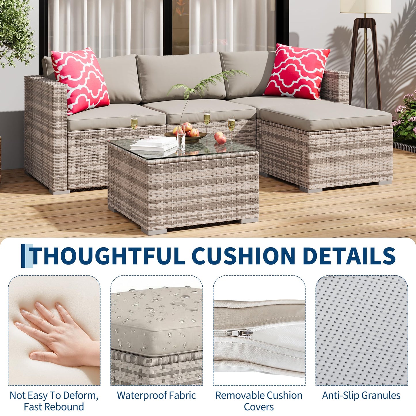 PeakPursuit Outdoor Patio Furniture Set, 5 Pieces Rattan Patio Conversation Sets with Glass Coffee Table and Cushion,All Weather Outdoor Patio Sofa for Garden, Poolside, Backyard,Light Grey