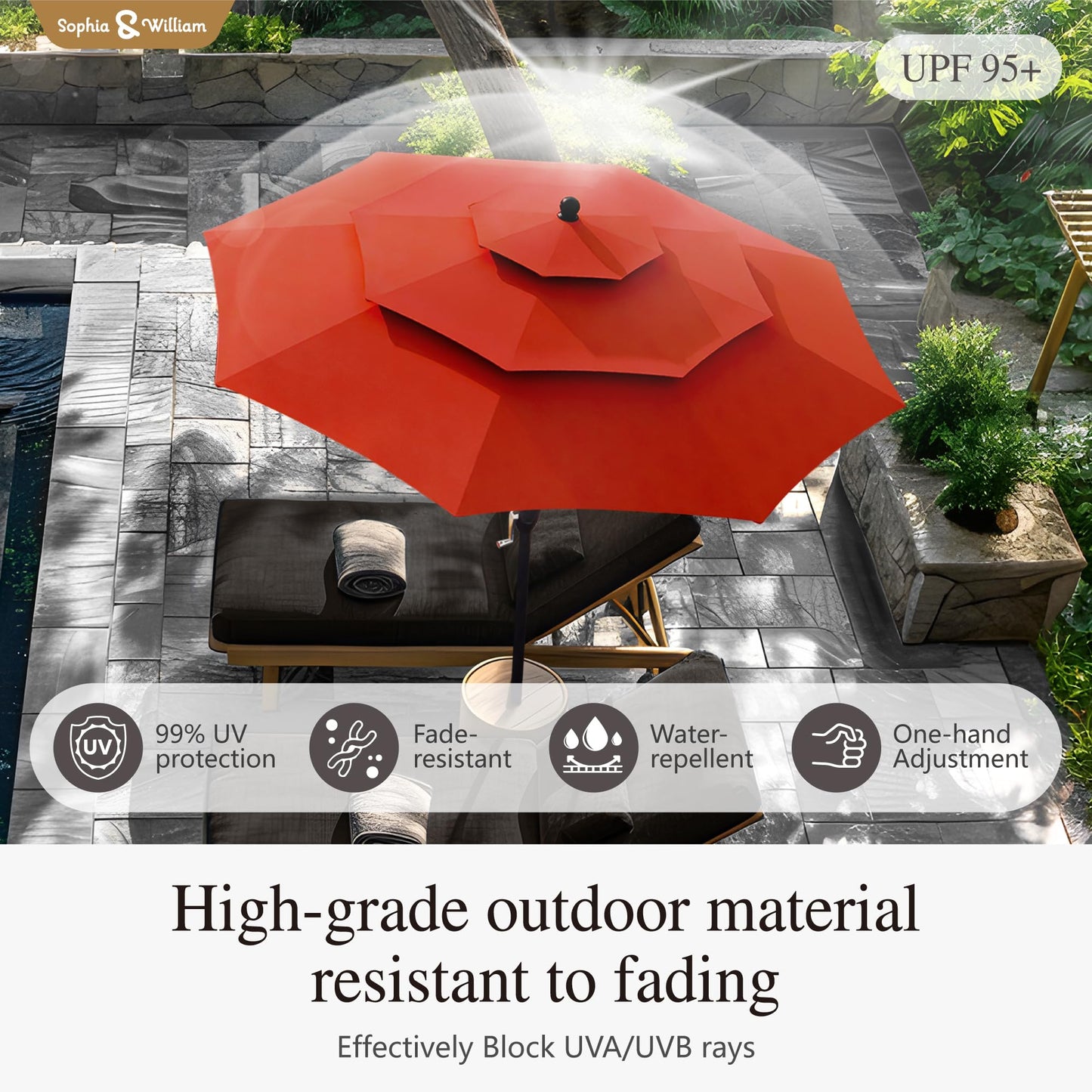 Sophia & William 10ft 3 Tier Auto-tilt Patio Umbrella,Wind Resistent,Outdoor Patio Umbrellas Double Vented Umbrella with Crank for Pool Garden Backyard, Red