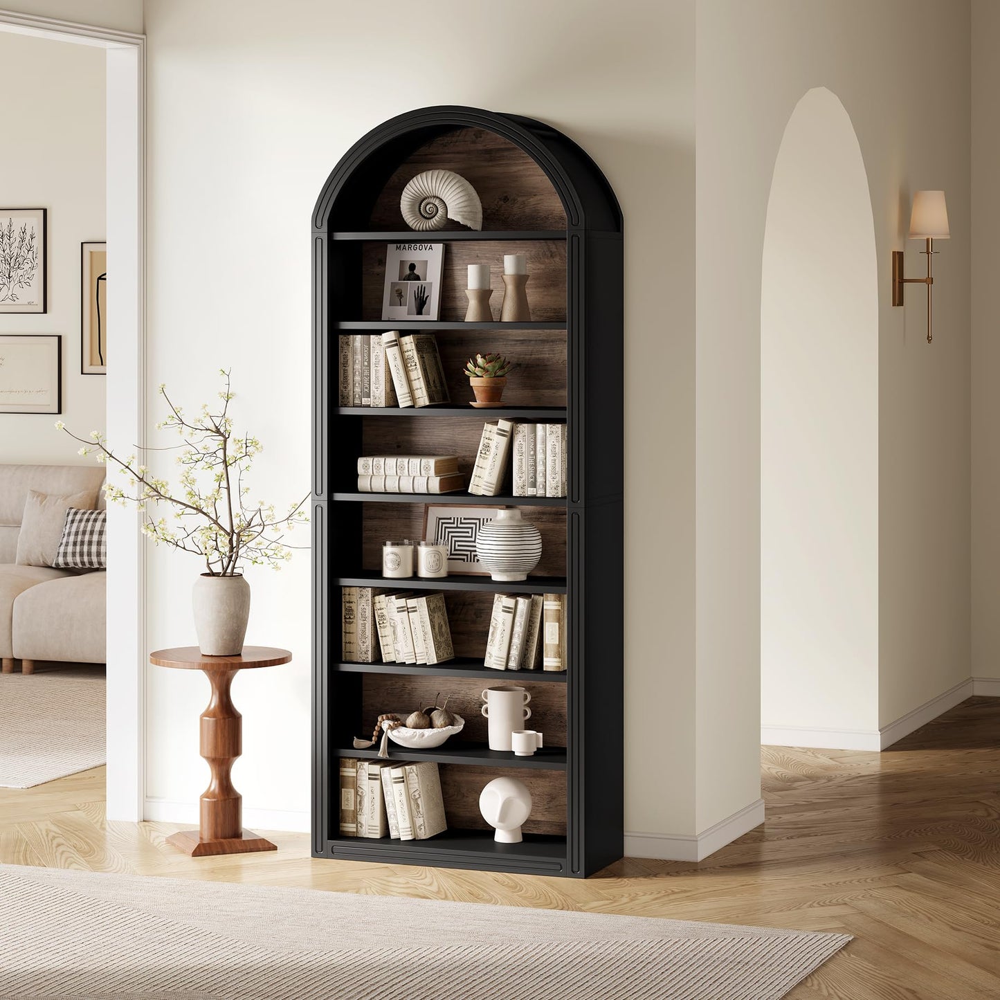 LITTLE TREE 8-Tier Bookcase, 78.7" Tall Bookshelf with Arched Top, Large Freestanding Wooden Open Bookcase Bookshelf, Modern Book Shelf Organizer for Living Room, Bedroom, Office, Library, Black Brown