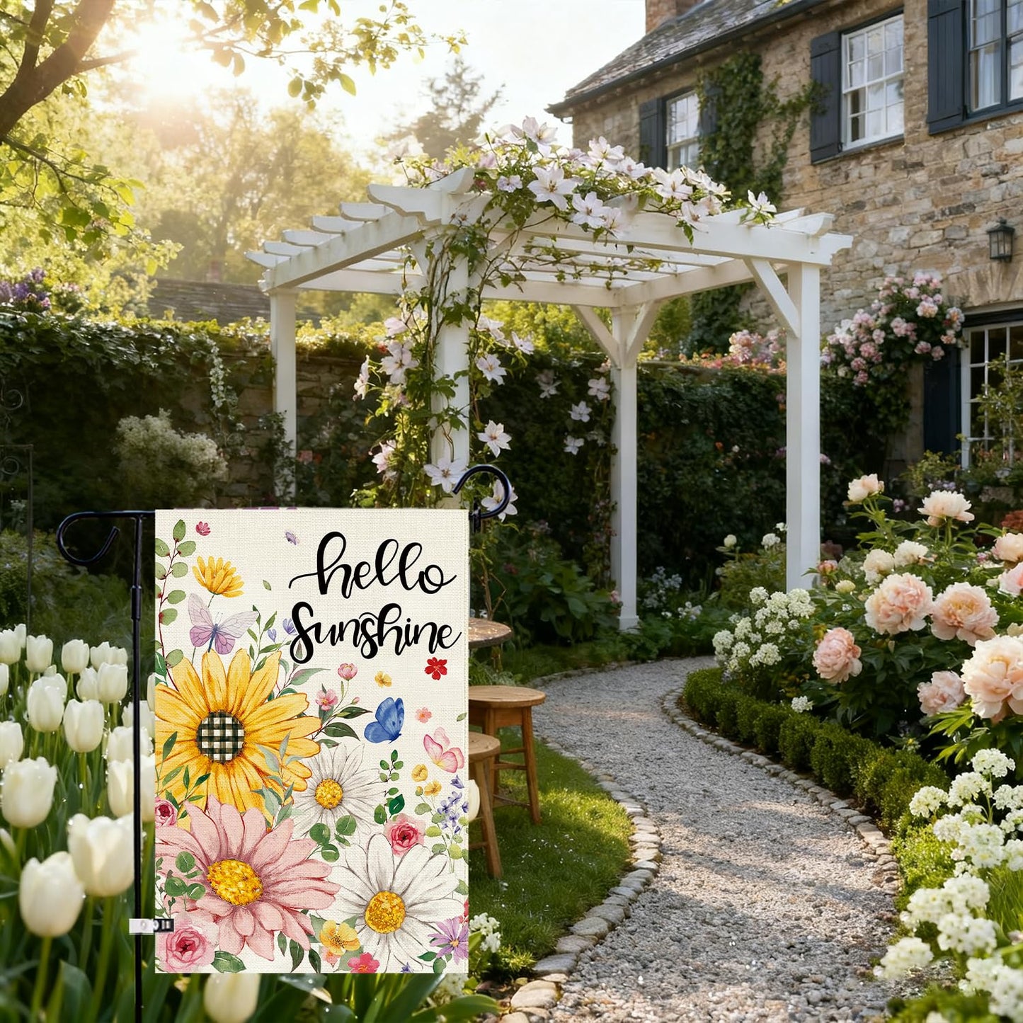Baccessor Spring Summer Garden Flag Double Sided 12.5 x 18 Inch Burlap with Clip and Stopper,Hello Sunshine Sunflowers Daisy Flag Seasonal Farmhouse Yard Lawn Outside Outdoor Decoration