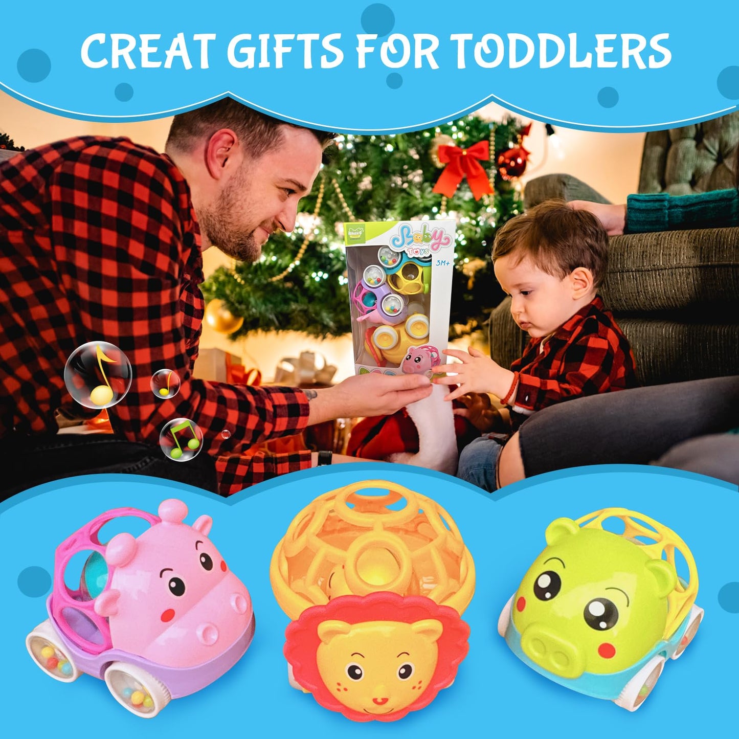 Baby Rattles Toy Car for Toddler Aged 1-3, 5.7in x4.33in Soft Rubber Montessori Sensory Toy for 0-6-12 Months Baby Gifts, Easter Basket Stuffers for Toddler, 1st Birthday Gifts for 1-2 Years Old Boys
