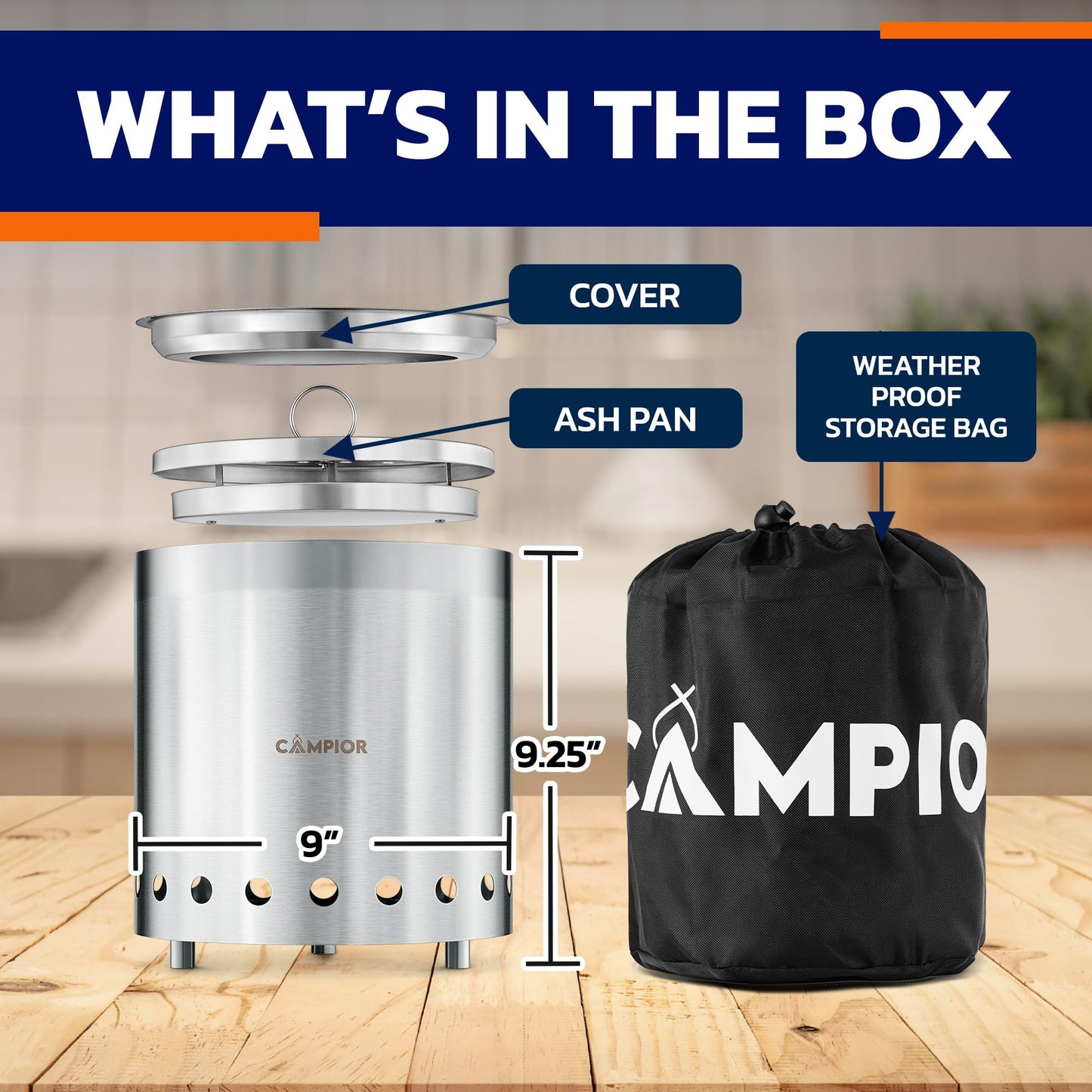 CAMPIOR Wood Burning Fire Pit Stove - Smokeless Outdoor Stove for Wood Fires, Camping, Cooking, and Garden Gatherings, Durable, Stainless Steel with Removable Ash Pan, with Stand and Black Carry Bag