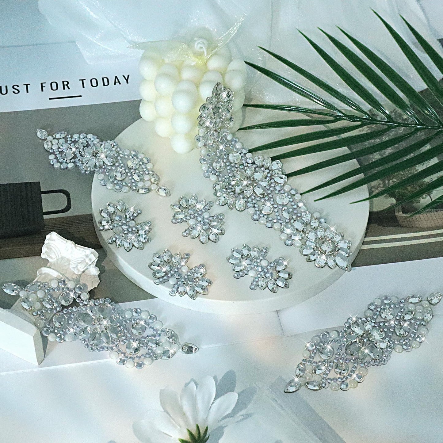 PEARLY JUN 11 Pcs Silver Rhinestone Applique Patches Pearl Rhinestone Patches Iron on Appliques for Dresses Hand Sewing Craft Projects DIY Wedding Clothes Shoes Hats Bags Embellishments
