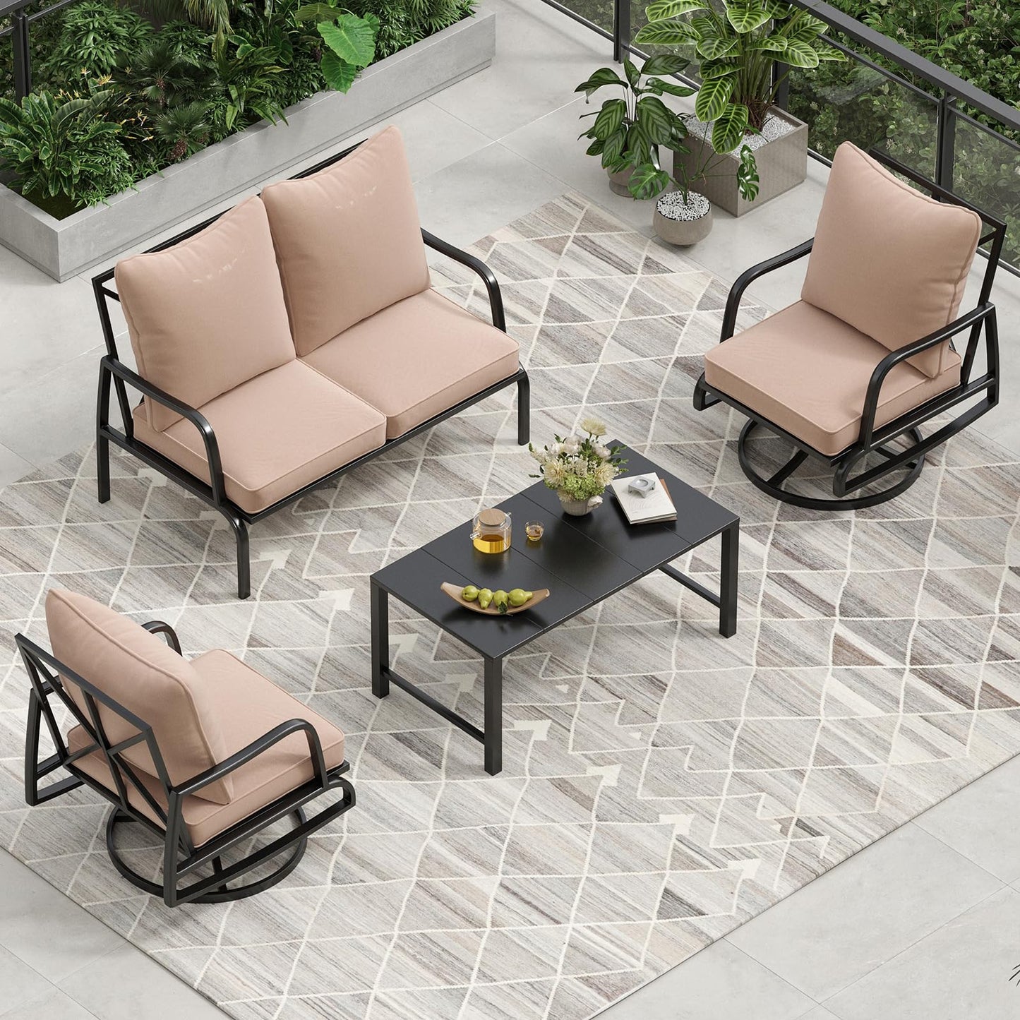 Soohow Outdoor Patio Conversation Set, 4 Seat Patio Furniture Set, Loveseat Sofa + 2 Swivel Sofa with 4" Cushion & Coffee Table for Porch, Poolside, Deck, and Yard