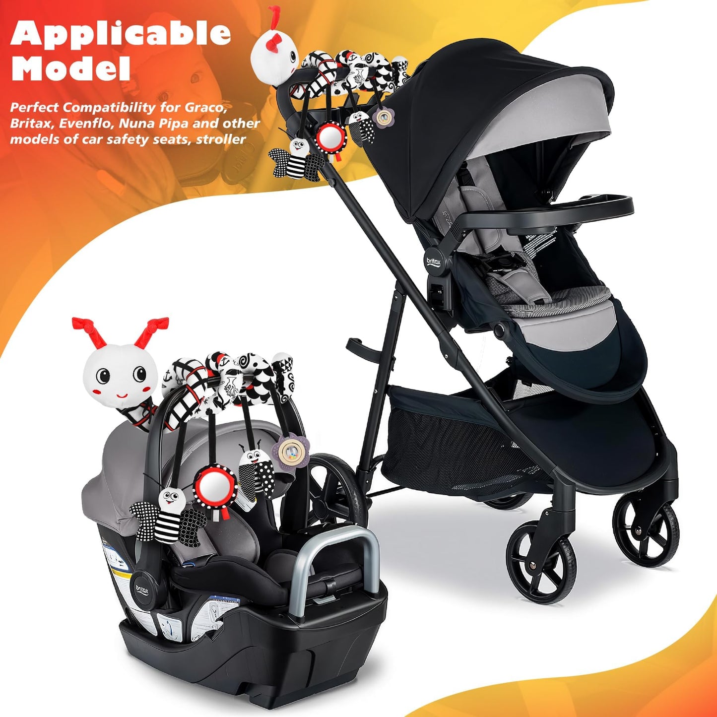 Zendstanding Car Seat Toys for Babies, 0-6 Months Stroller Activity Black White Baby Spiral Plush Toys Newborn High Contrast Sensory Carseat Toys with 4 Pendants Hanging Boys Girls Gift