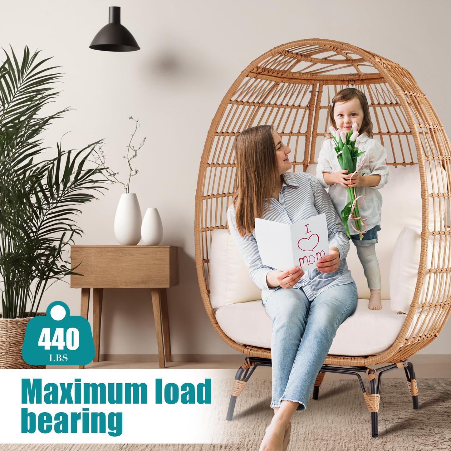 OTSUN Outdoor Egg Chair, PE Wicker Chair with 4 Thicken Cushions, Patio Chairs 440 lbs Capacity, Oversized Balcony Chairs with Durable Steel Frame Perfect for Balcony, Backyard, Bedroom-Ivory