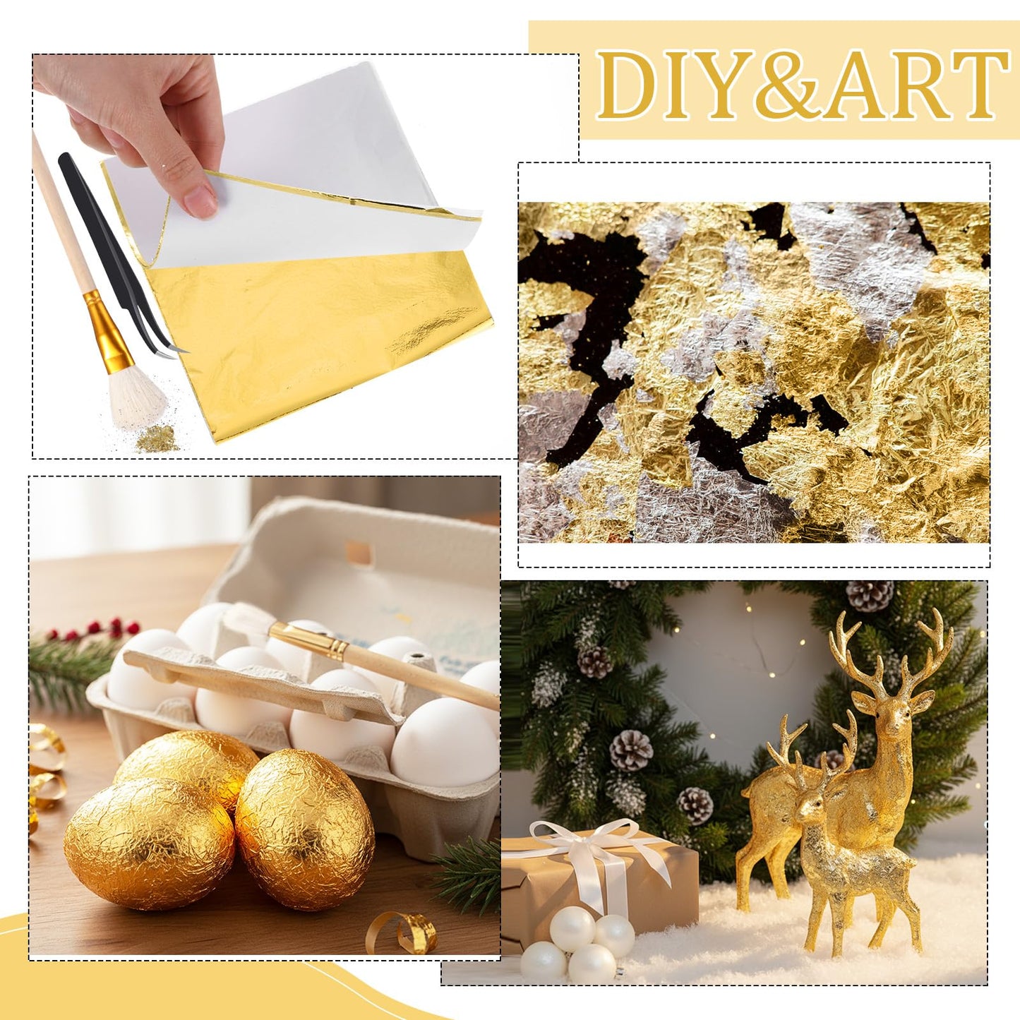 Cunhill 100 Pcs Gold Leaf Sheets for Art Foil Paper Leaf Art Foil Sheets Gilding Brush Thin Paper Craft for Painting Gilding Crafting Decoration,5.5 x 5.5 Inches (Karat Gold)