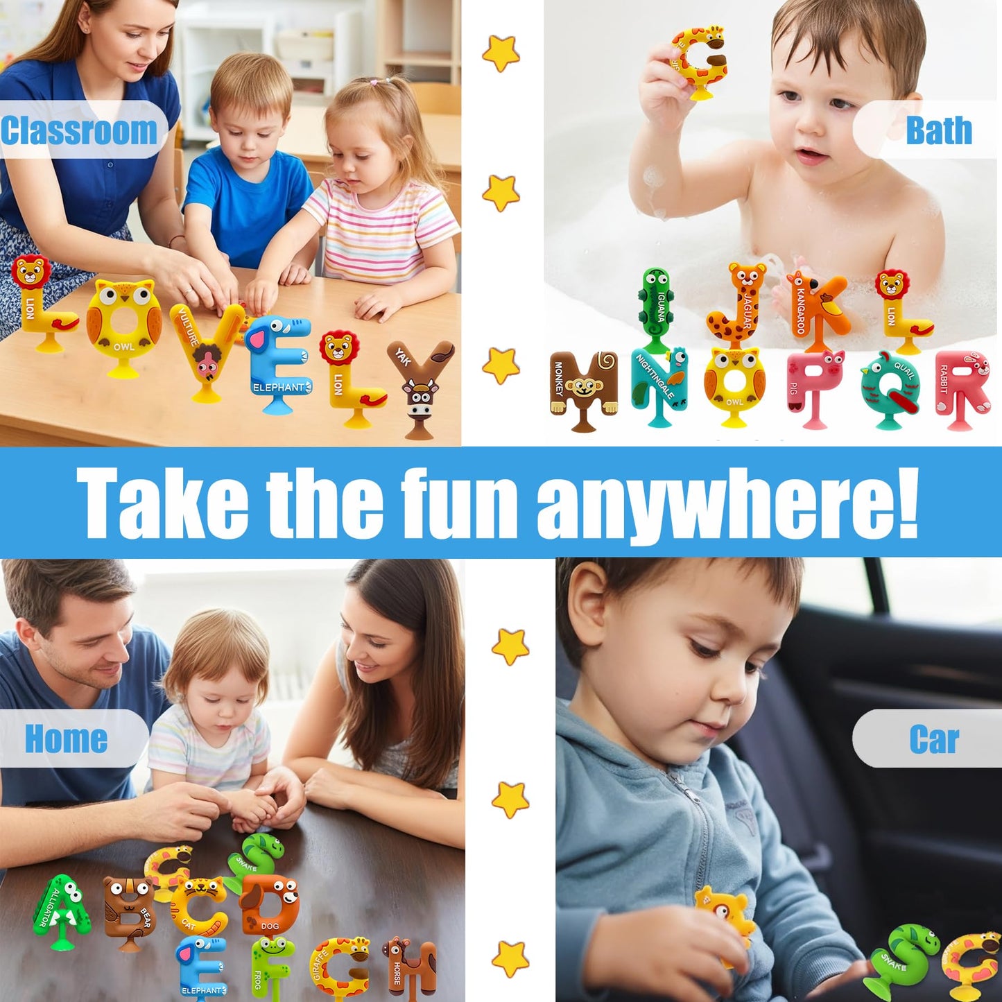 Mold Free Suction Bath Toys for Kids 26PCS, Bathtub Silicone ABC Alphabet Educational Montessori Sensory Toys for Baby/Toddlers, No Hole Animal & Letters Learning Toy with Storage Net for Autism/ADHD