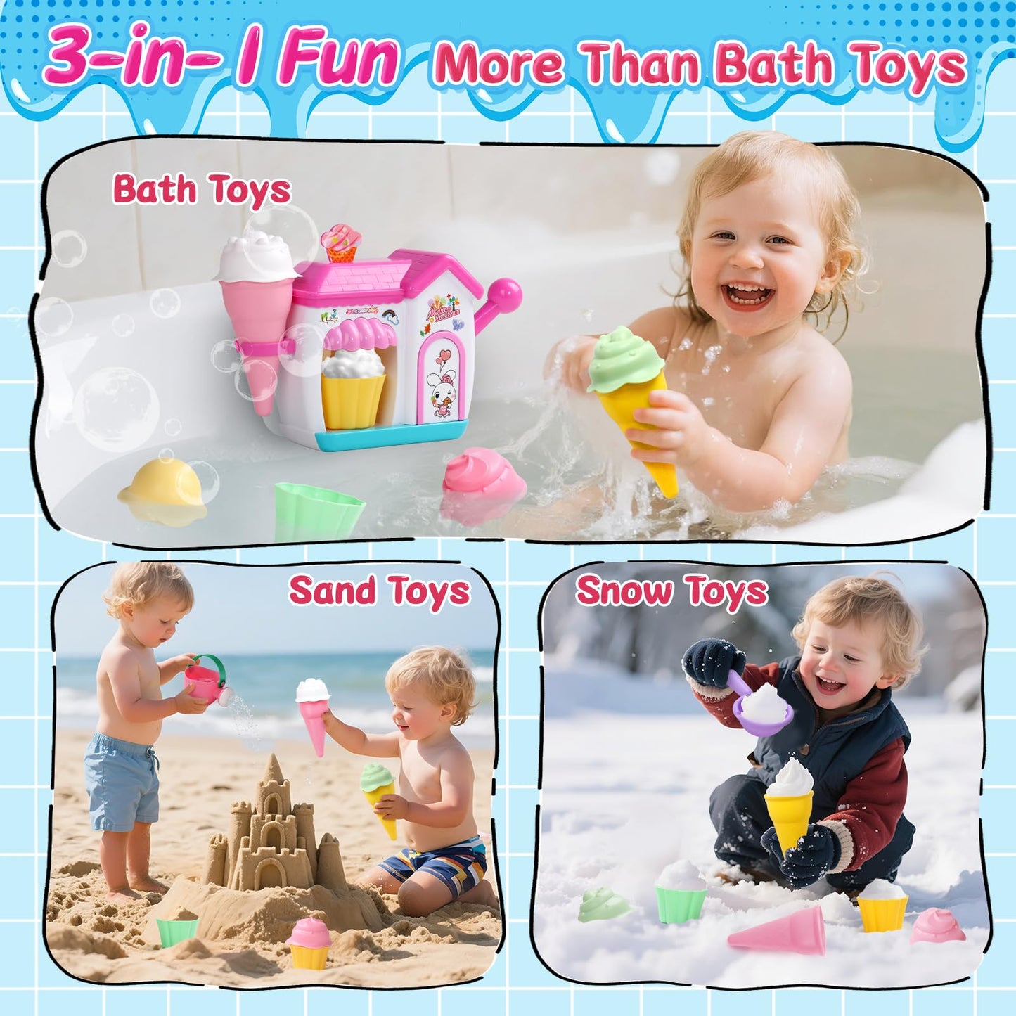 Bath Toys for Kids Ages 4-8 3-5 Toddler Bath Toys Bathtub Ice Cream Foam Maker Bubble Pretend Cake Play Set Water Toys Birthday Gifts for 2-4 5 6 Year Old Girls Boys