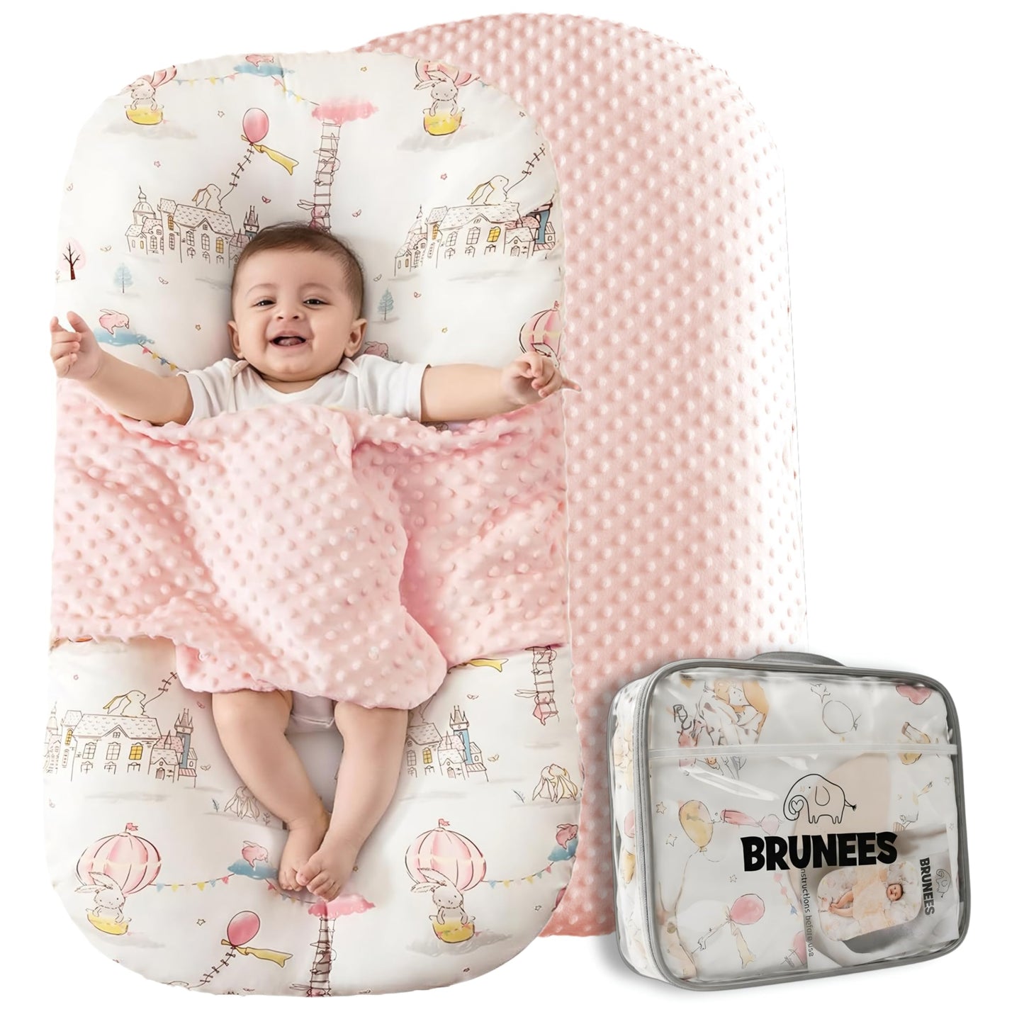 Baby Lounger Pillow for Newborn – Large Infant Lounger 0-24 Months | Anti-Startle Removable Wings, Breathable Mesh Core | 2-Sided Cotton & Minky Cover | Tummy Time Mat, Portable Baby Nest (Pink)