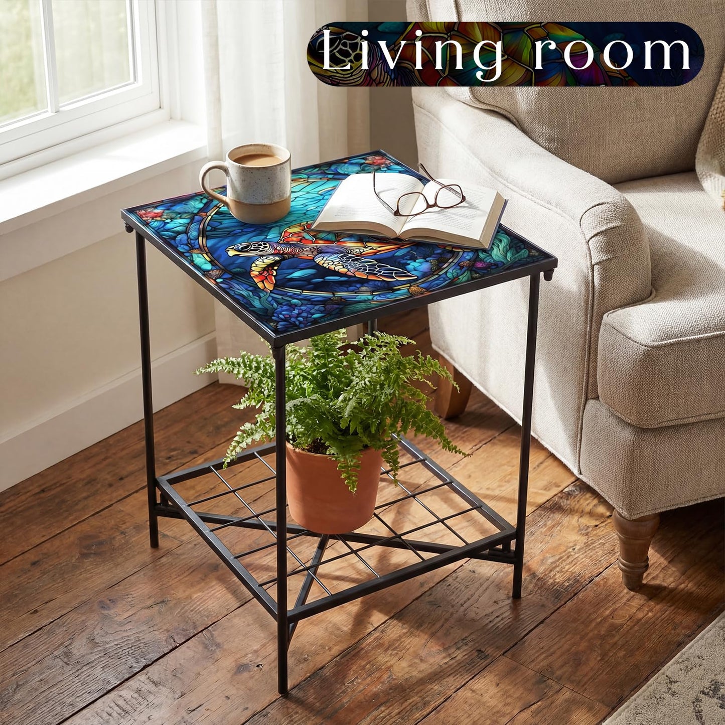 Cinnvoice Outdoor Side Table 2-Tier Storage Square Small Mosaic Patio Accent Indoor End Plant Coffee Tea Table for Yard Patio Porch Garden Living Room, Bedroom(Turtle Style)