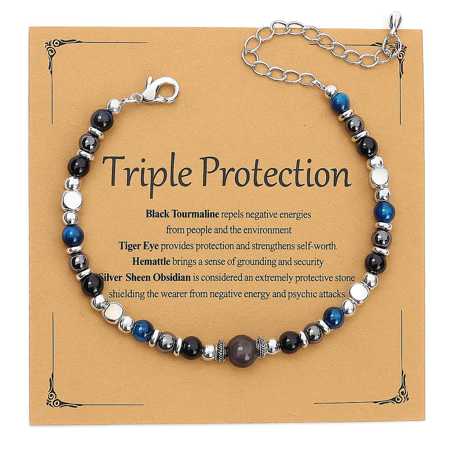 MTJAHPS Protection Bracelet, empath protection, black obsidian Crystals and Healing Stones Bracelet for Women ，Luck ，Anxiety and Stress Clam Bracelet (A-Triple Protection)