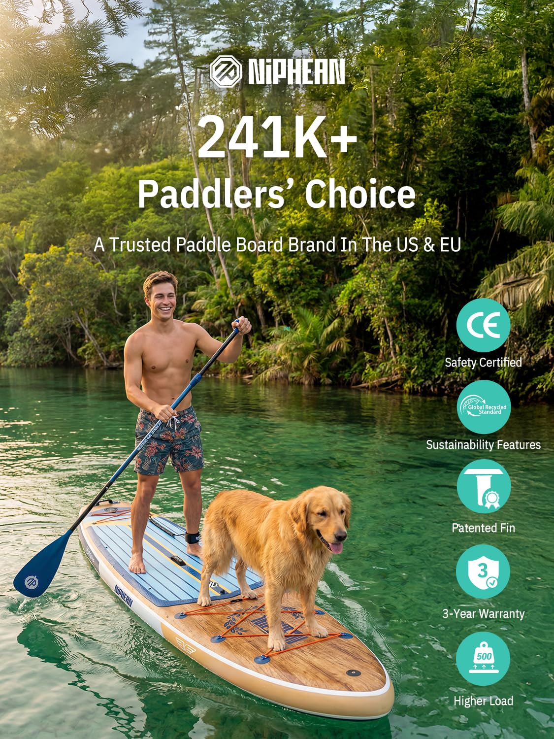 Niphean (Extra Large) Inflatable Paddle Board, SUP for 2+1 People/Family 500lbs Capacity Stand Up Paddle Board with SUP Accessories, StabilTrac Fin Non-Slip Paddleboard for Adults-Woven Wood