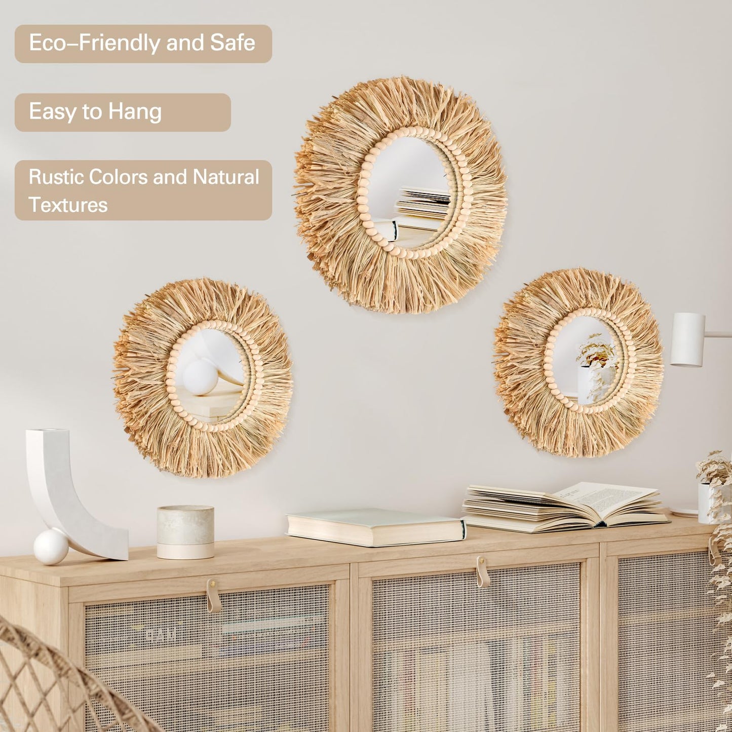 Gulfmew 3 Pcs Boho Raffia Mirror Wall Hanging Decor 15.8 Inch 11.8 Inch Rustic Round Boho Circle Mirrors with Wood Bead Farmhouse Aesthetic Nursery Mirrors for Bedroom Living Room Bathroom Wall Decor