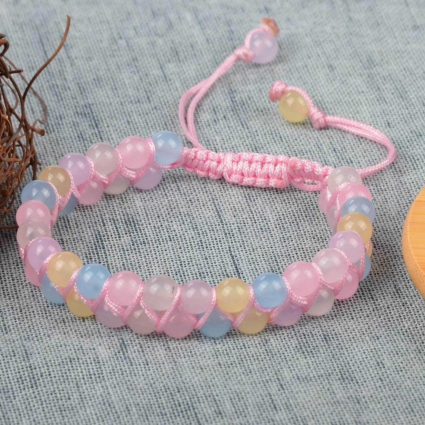 MASSIVE BEADS Natural Chakra Healing Power Crystals Macrame Bracelet Yoga Double Layer Stone Beads Gemstone Meditation Relax Anxiety Bangle for Unisex Women Men (Morganite, 6mm)