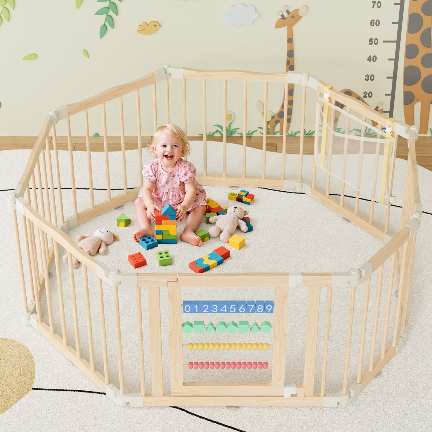 Atoping Wooden Baby Playpen 50 × 50 Inches, Foldable Playpen Fence with Cute Digital Blocks & Storage Bag, Wooden Baby Gate, Multi-Shape Play Yard for Babies and Toddlers Indoor Outdoor