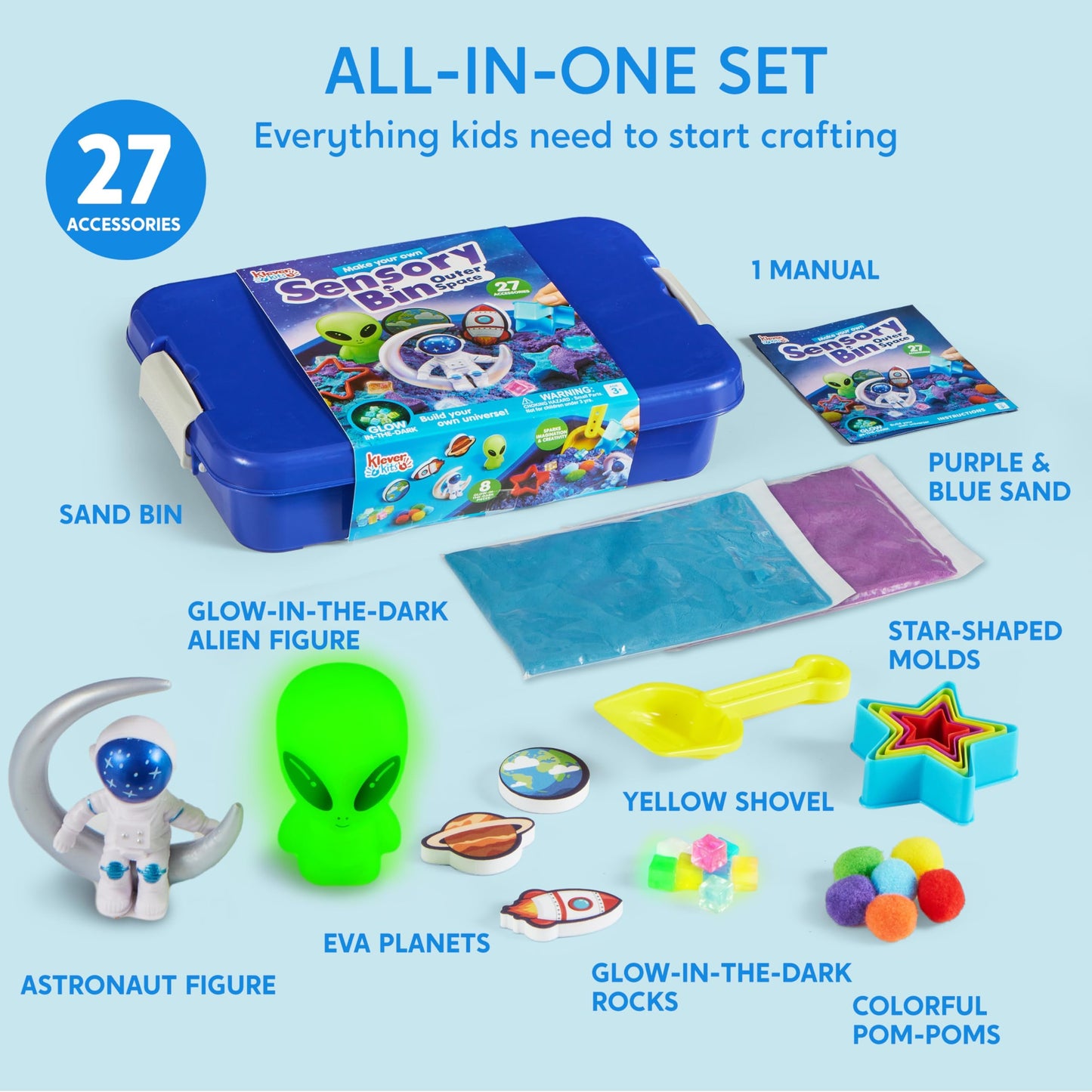 JOVA Klever Kits Outer Space Sensory Bin for Toddlers with Glow in The Dark Alien and Rocks, Sandbox with Lid Dual-Color Sand, Preschool Learning Activities Gifts for Boys Girls Age 3+