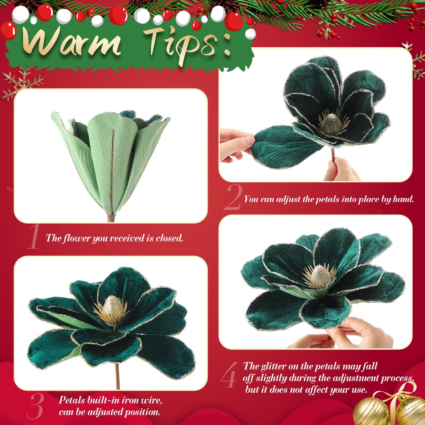 Craftsatin 12 Pcs Large Velvet Christmas Poinsettia Magnolia Flowers Ornaments Glitter Big Heads Artificial Magnolia Flowers for Decoration Wedding Decor Supplies(Dark Green)