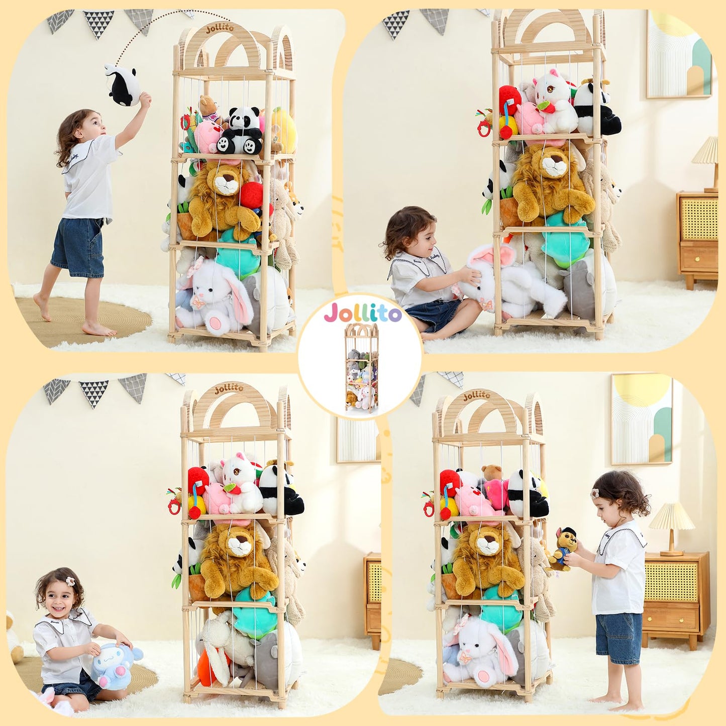 JOLLITO Stuffed Animal Storage Organizers,Large Capacity Wooden Cute Plushies Toy Zoo Holder and Storage for Toddler Rooms, Playrooms & Bedrooms