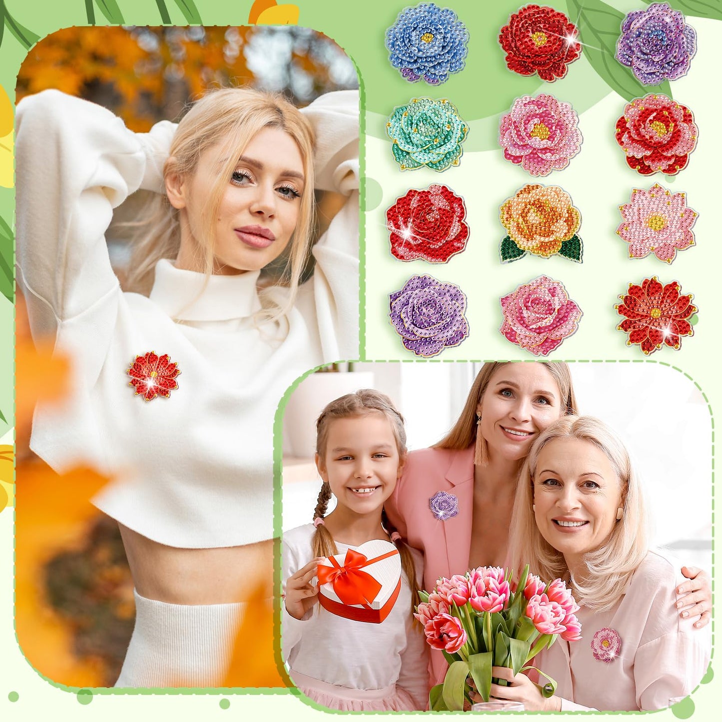 Kenning 24 Pcs Spring Flowers Diamond Painting Brooch Bulk Diamond Art Pins Kits for Adults 5d Rhinestones Floral Lapel Brooch for Beginner DIY Crafts Wedding Jewelry Spring Party Gifts