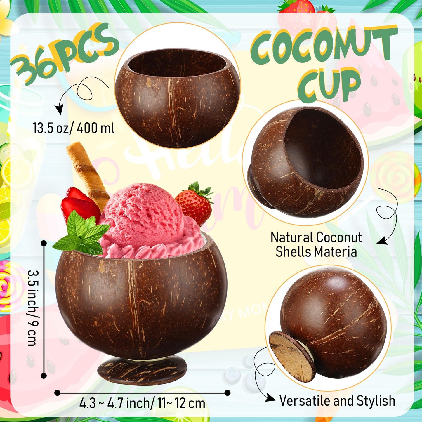 Tioncy 36 Pcs 13.5 oz Coconut Shell Cups Bulk Hawaiian Party Supplies Polished Natural Coconut Bowls Luau Party Favors Tiki Decorations for Cocktail Drinking Smoothie Salad Ice Cream