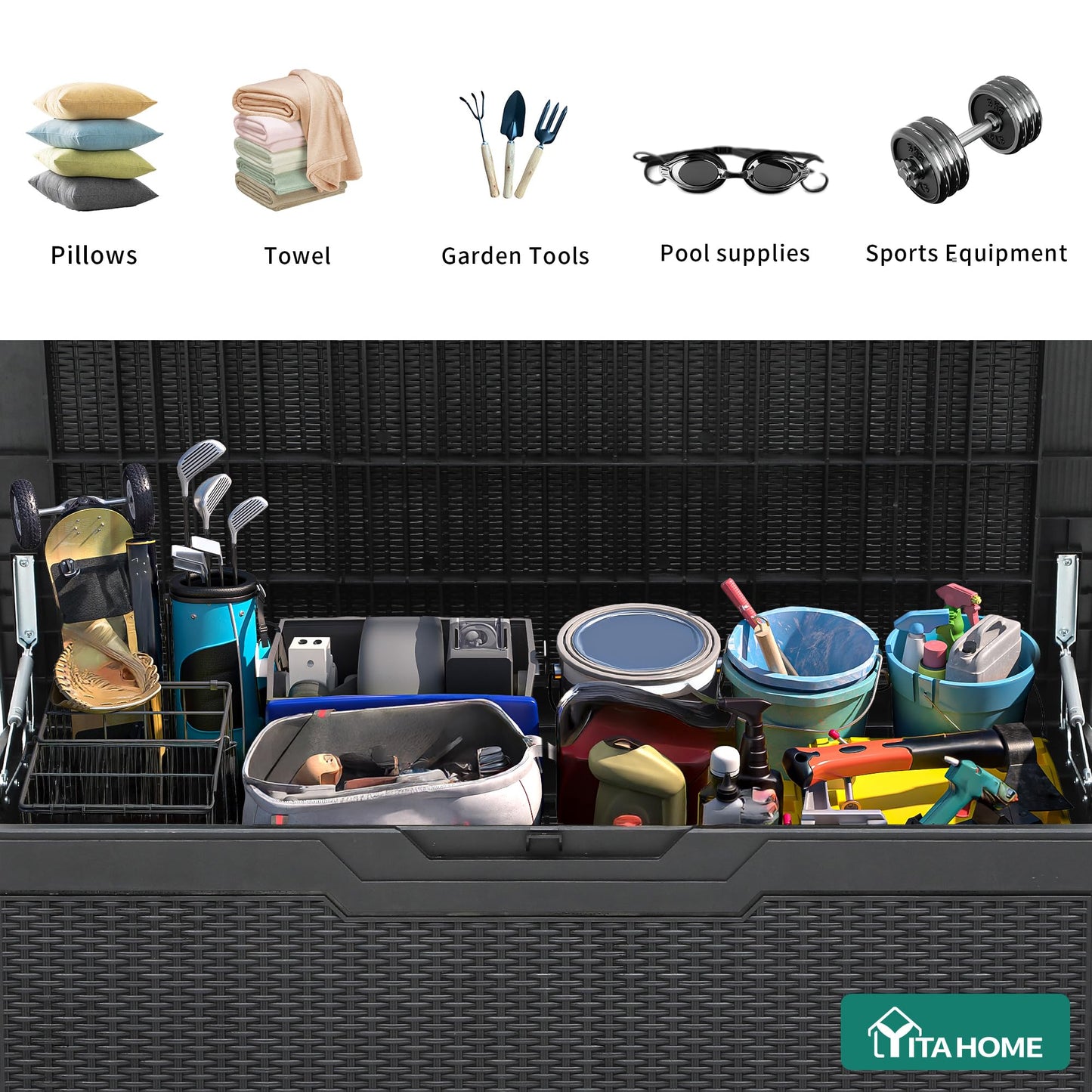 YITAHOME 100 Gallon Resin Deck Box, Weather Resistant Outdoor Storage Box, Lockable Indoor Outdoor Storage for Supplies and Essentials, Black