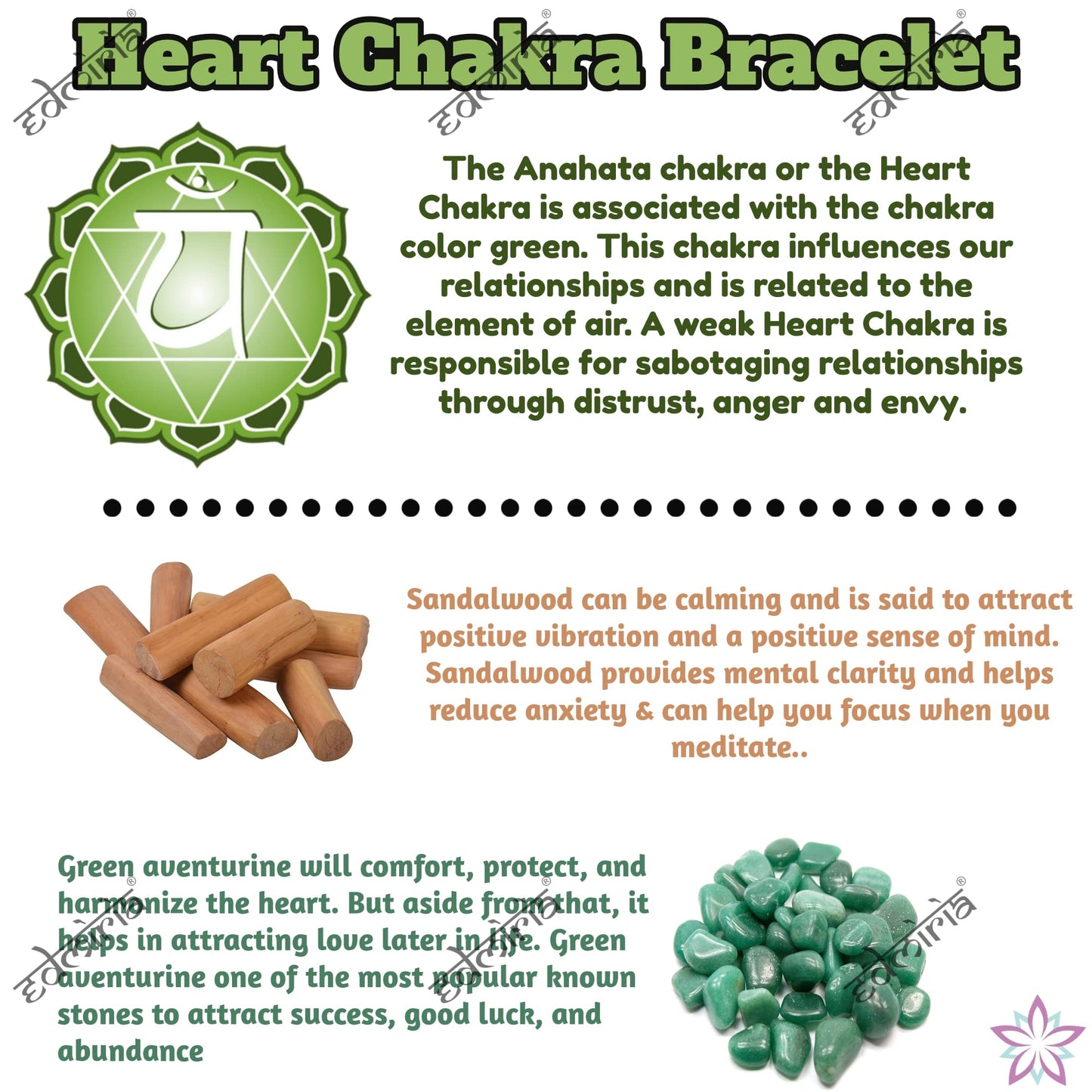 EDMIRIA Sandalwood Bracelet with Green Aventurine for Men and Women's Handmade Stretchable Elastic 8mm Chandan and Heart Chakra Round Beads Wrist Band for Yoga Meditation Astrological 7.4 Inch
