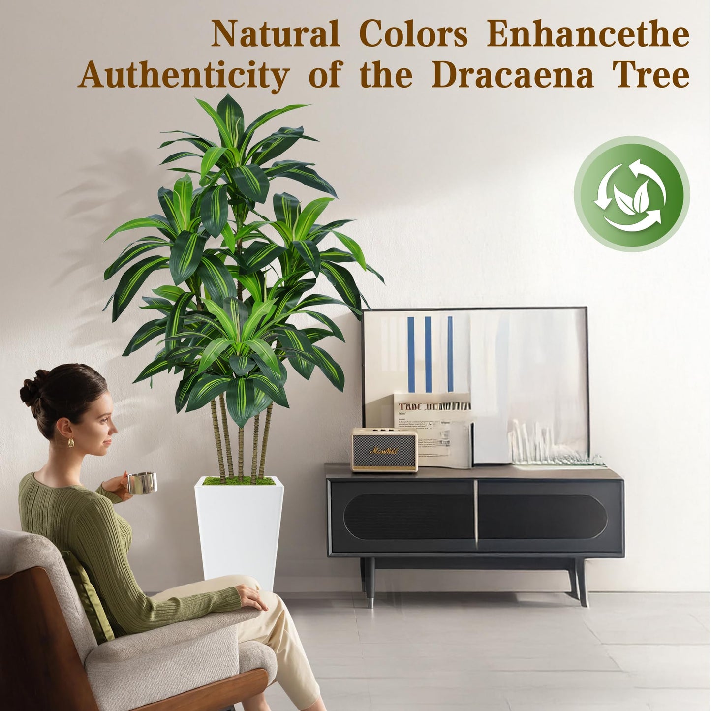 7FT Artificial Dracaena Tree, Fake Tree Indoor with White Tall Planter, Tall Artificial Plants Indoor, Artificial Silk Tree for Home Office Decor Plants Indoor Outdoor (White)