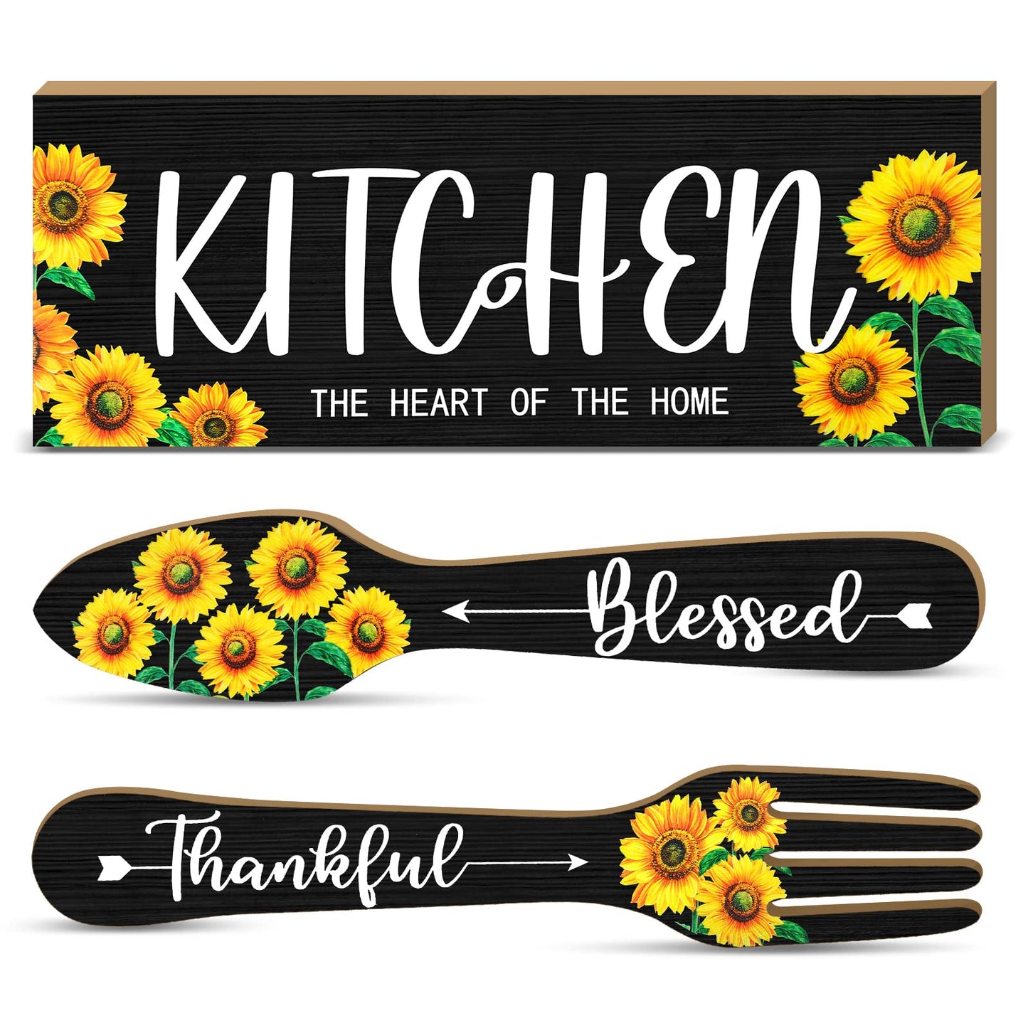 Yerliker 3 Pieces Sunflower Kitchen Decor Hello Summer Blessed Thankful Wooden Hanging Eat Signs Fork and Spoon Summer Farmhouse Wall Art Decor for Kitchen Home (Black, 13.78 x 5.12 Inch)