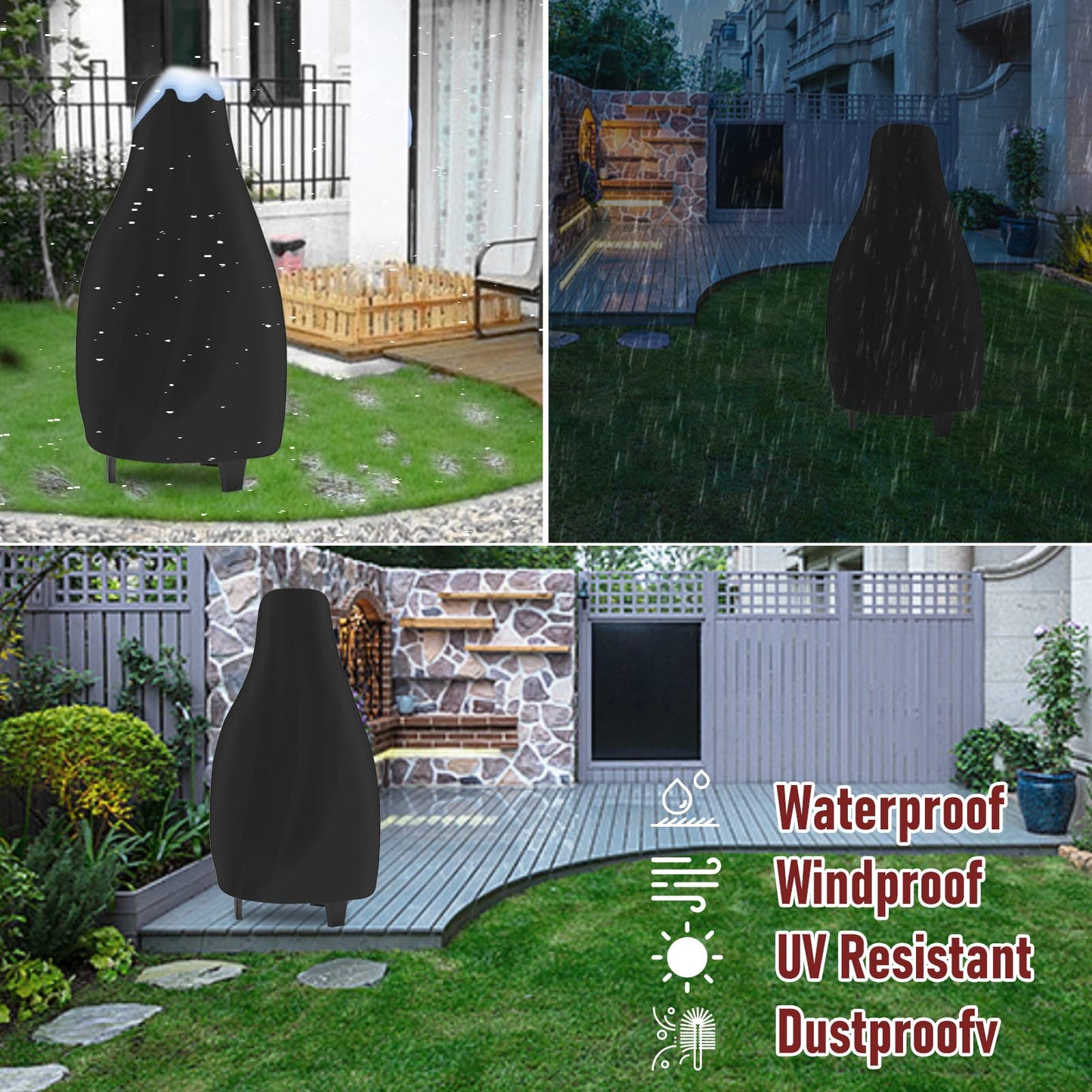Chiminea Cover Outdoor Waterproof Chiminea Fire Pit Cover Heavy Duty Durable Chimineas Protection Cover with Drawstring (Black, 24D x 48H in)