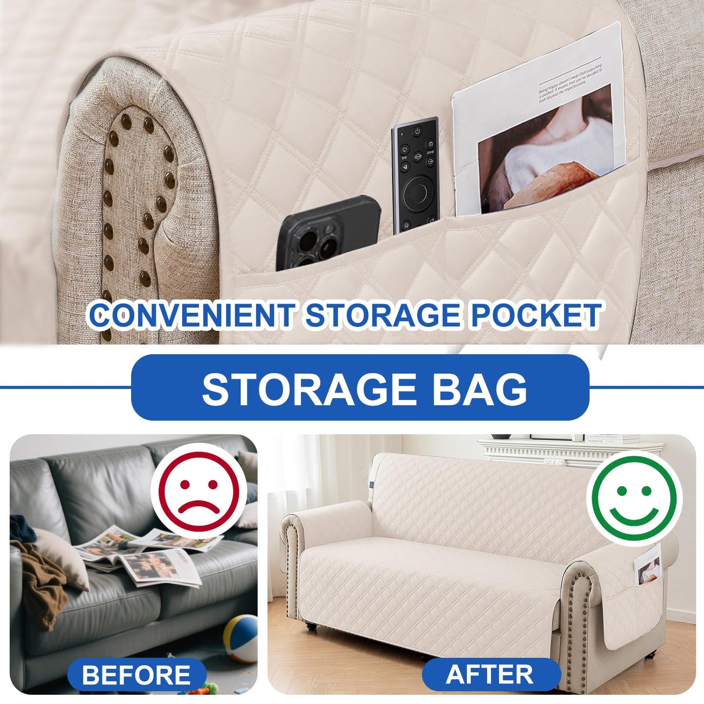 CYCMACO Waterproof Chair Covers for Living Room, Sofa Covers for Pets Washable with Side Pockets, Non Slip Couch Covers for Dogs, Quilted Dog Couch Cover with Elastic Straps (Armchair, Beige)