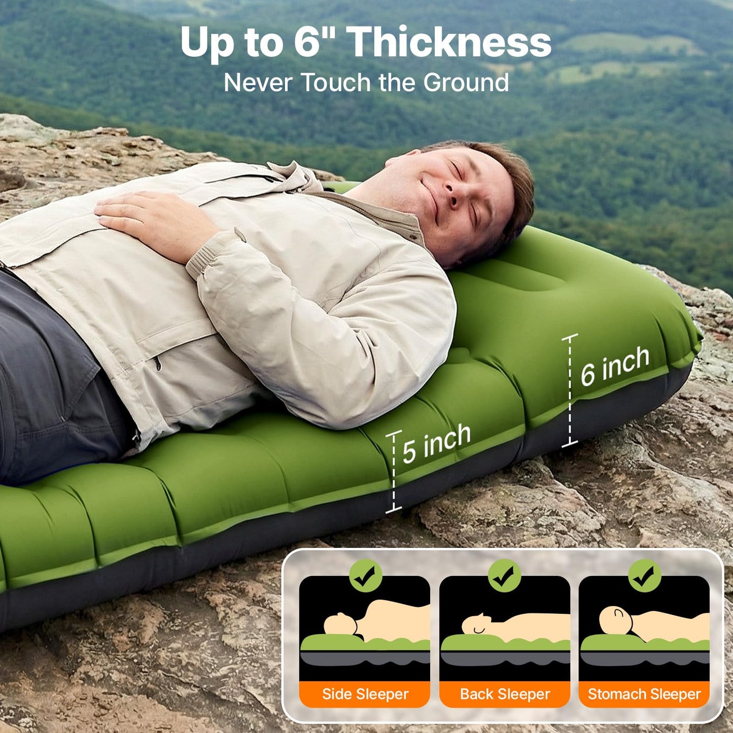 OGERY Sleeping Pad, Ultralight Inflating Sleeping Pad for Camping with Pillow Built-in Foot Pump, 6" Extra-Thick Reinforced Camping Pad for Hiking, Backpacking, Tent, Single,Green