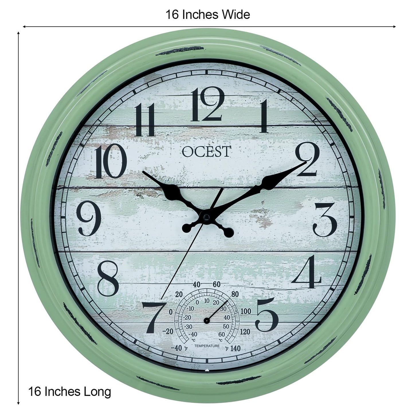 OCEST 16 Inch Indoor Outdoor Clock, Waterproof Large Wall Clock with Thermometer, Silent Non-Ticking Battery Operated Decor for Patio Pool Porch Garden Garage（Retro Green）