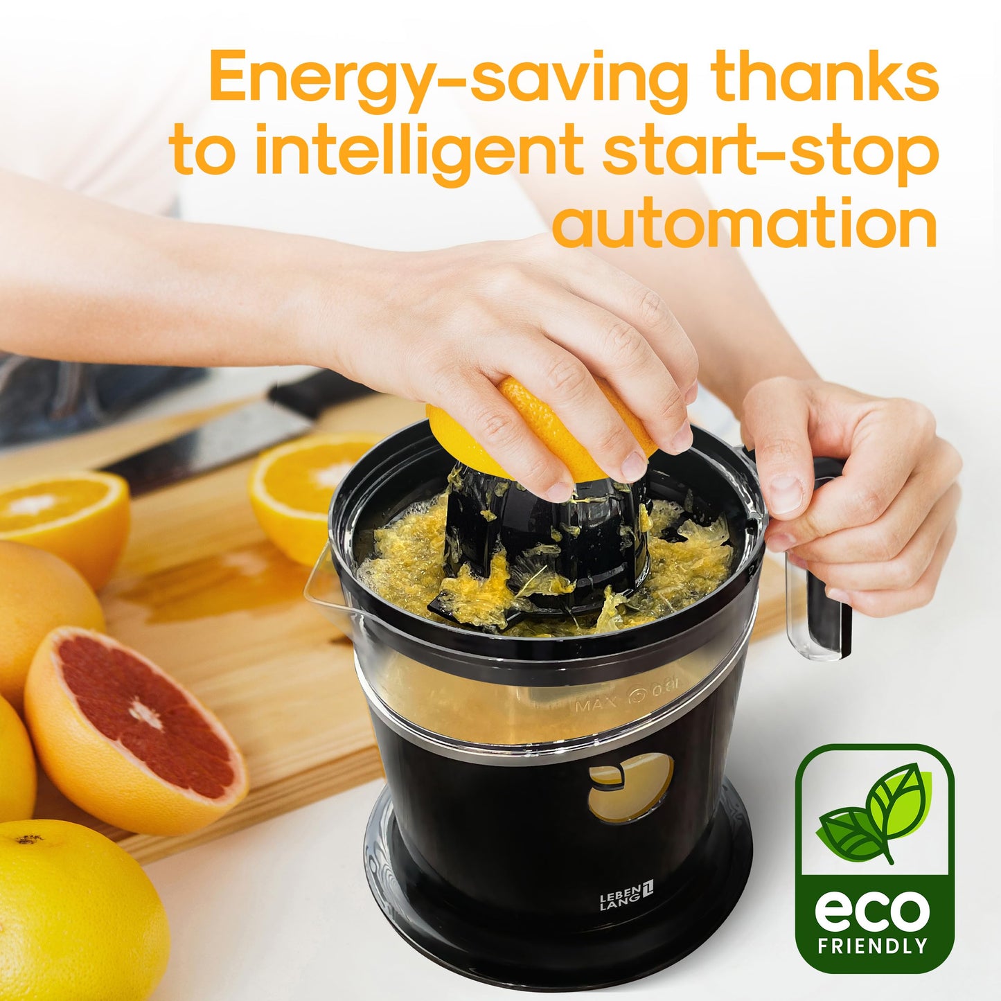 LEBENLANG BPA-Free Orange Juicer Electric - 27 OZ & 2 Cones with Pulp Control I Automatic & Electric Juicer for Citrus Lemon & Oranges I Orange juice squeezer machine Exprimidor de naranjas electrico