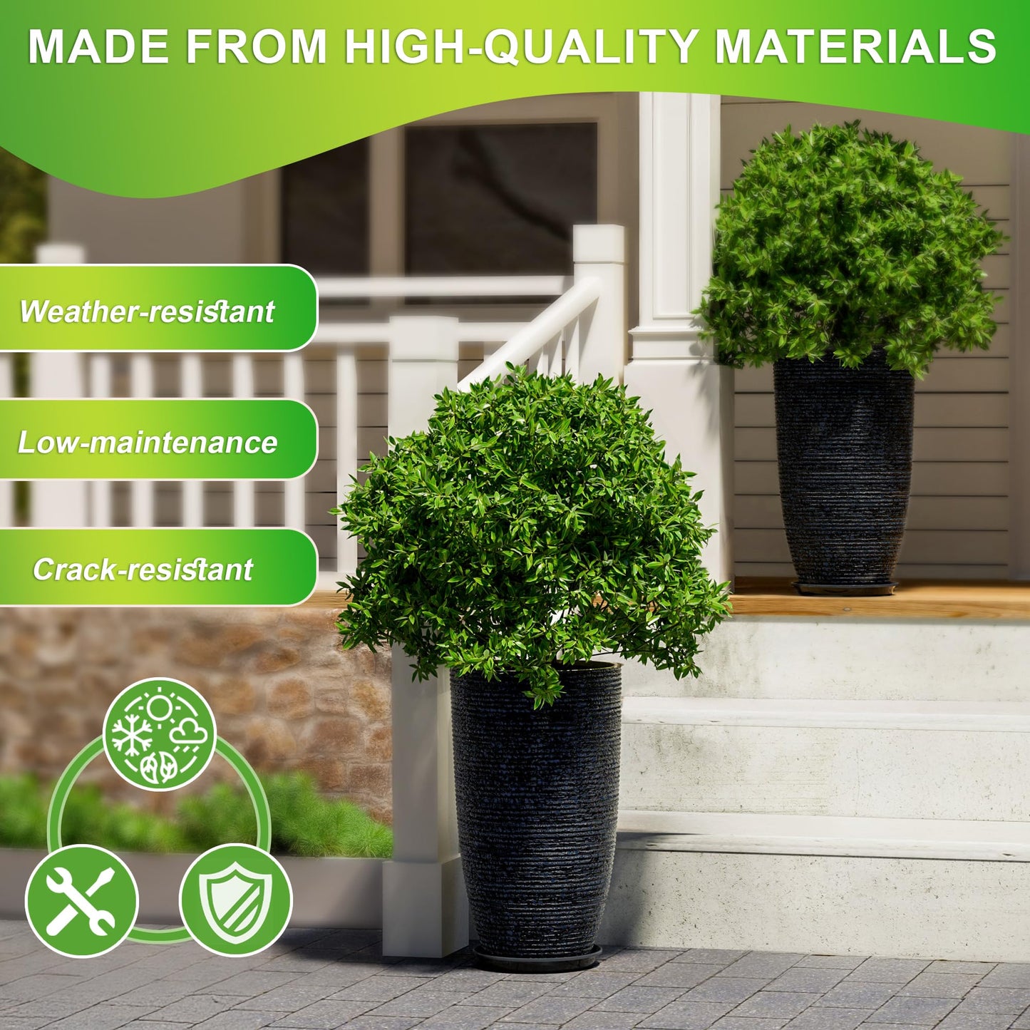 QCQHDU Set of 2 Large Tall Blue Planters with Saucer - 9 Gallon 12" Diameter x 21" H Faux Stone Round Pots for Indoor Plants, Outdoor Patio & Porch Decor, Heavy Duty Weatherproof Plant Containers
