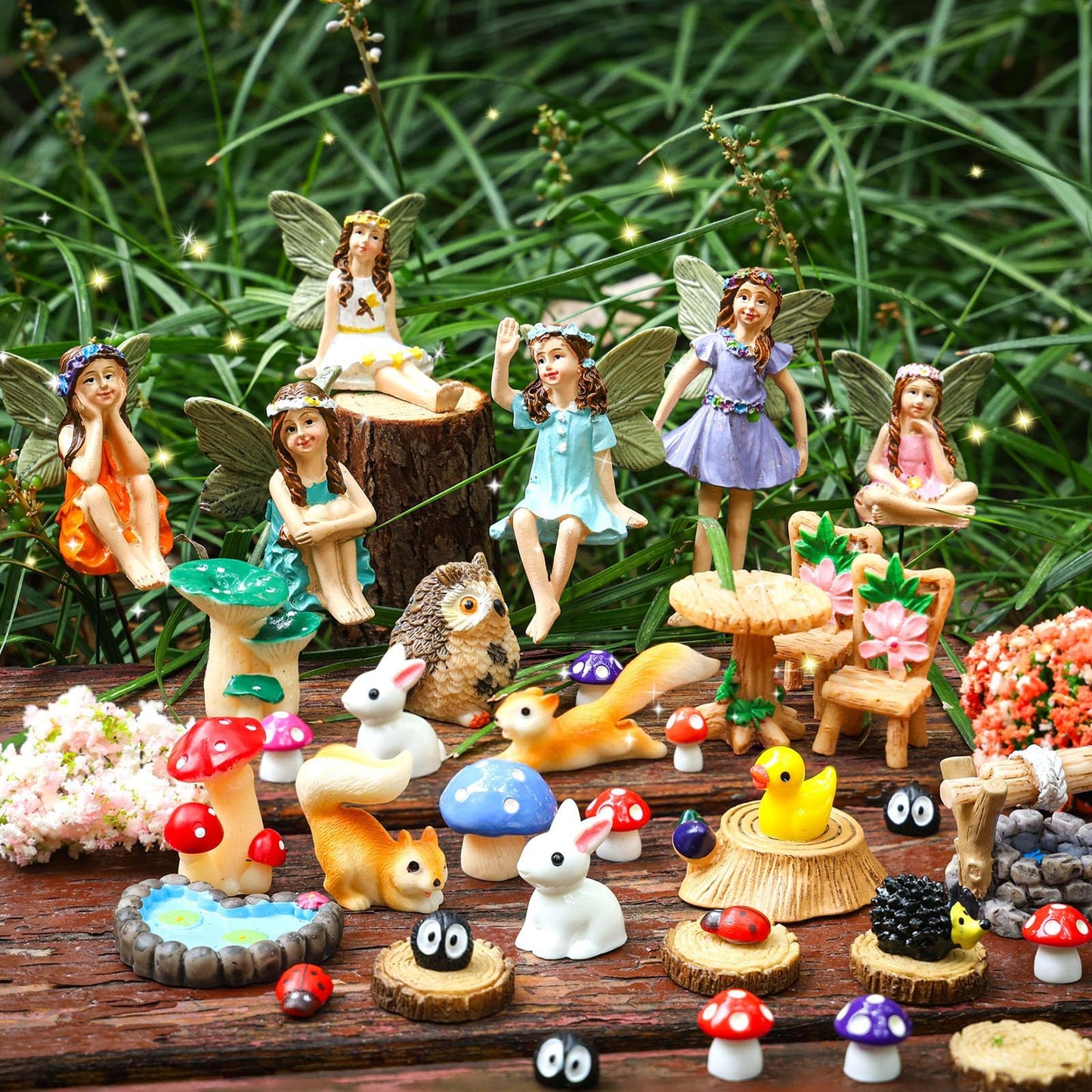 HIYZI 100 Pcs Fairy Garden Accessories Miniatures Figures Kit Micro Landscape Terrarium Ornaments Resin Mushroom Animal Fake Pond Lawn Bridge Garden Dollhouse Decoration