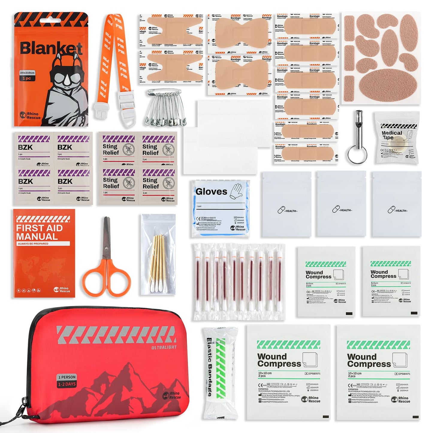 RHINO RESCUE Small First Aid Kit Ultralight Water-Resistent Medical Kit for Hiking, Backpacking, Cycling, Travel, Vehicles