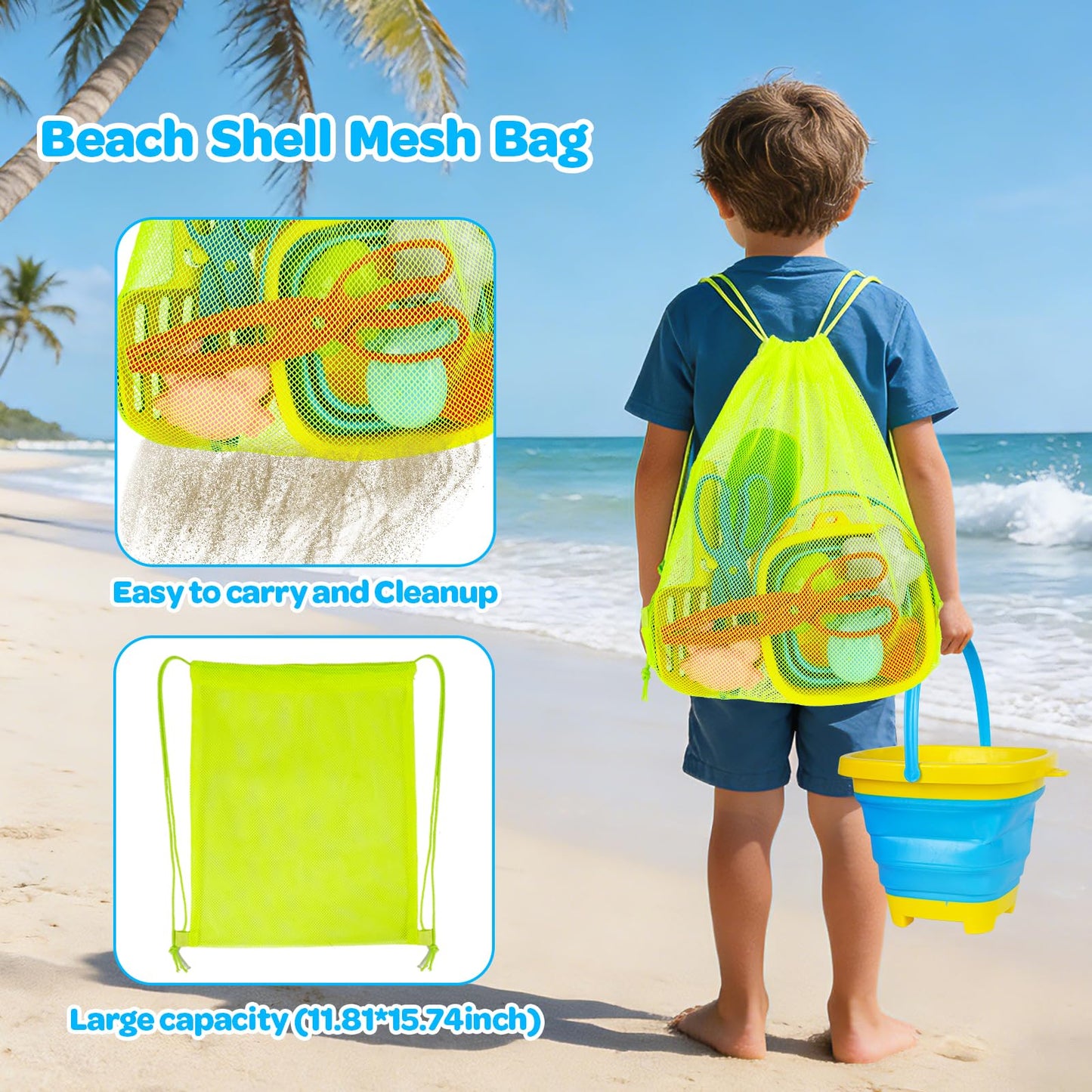 Beach Sand Toys for Kids 4-8 with Collapsible Buckets Sand Molds Mesh Shovels and Shell Bags Sand Tool Shell Shark Teeth Collecting, Beach Travel Essential Outdoor Sandbox Toy for Toddler 3 4 5 6
